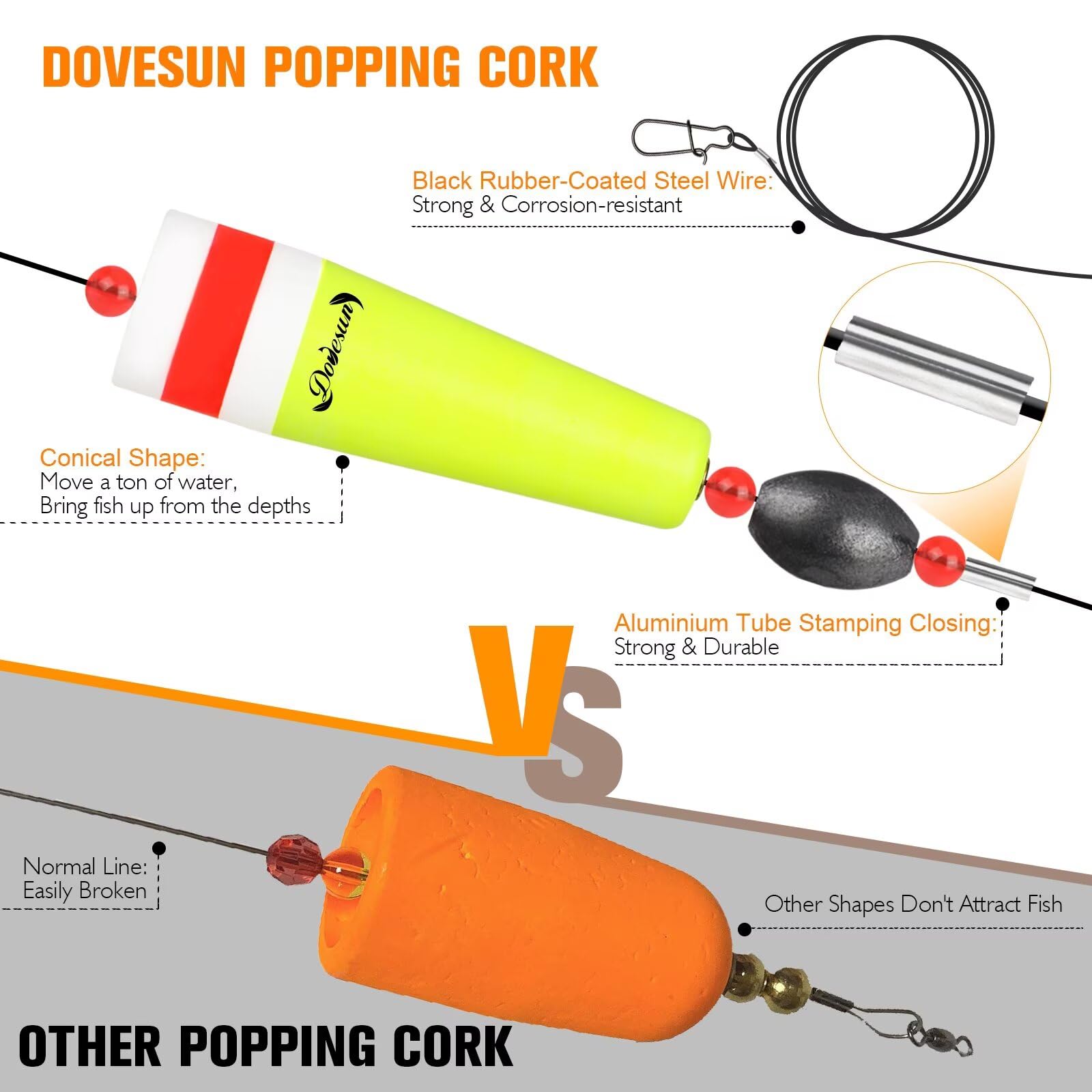 Doveson Weighted Popping Cork Fishing Floats - 3 Sizes for Saltwater & Freshwater Fishing - Perfect for Bass, Trout, and Redfish