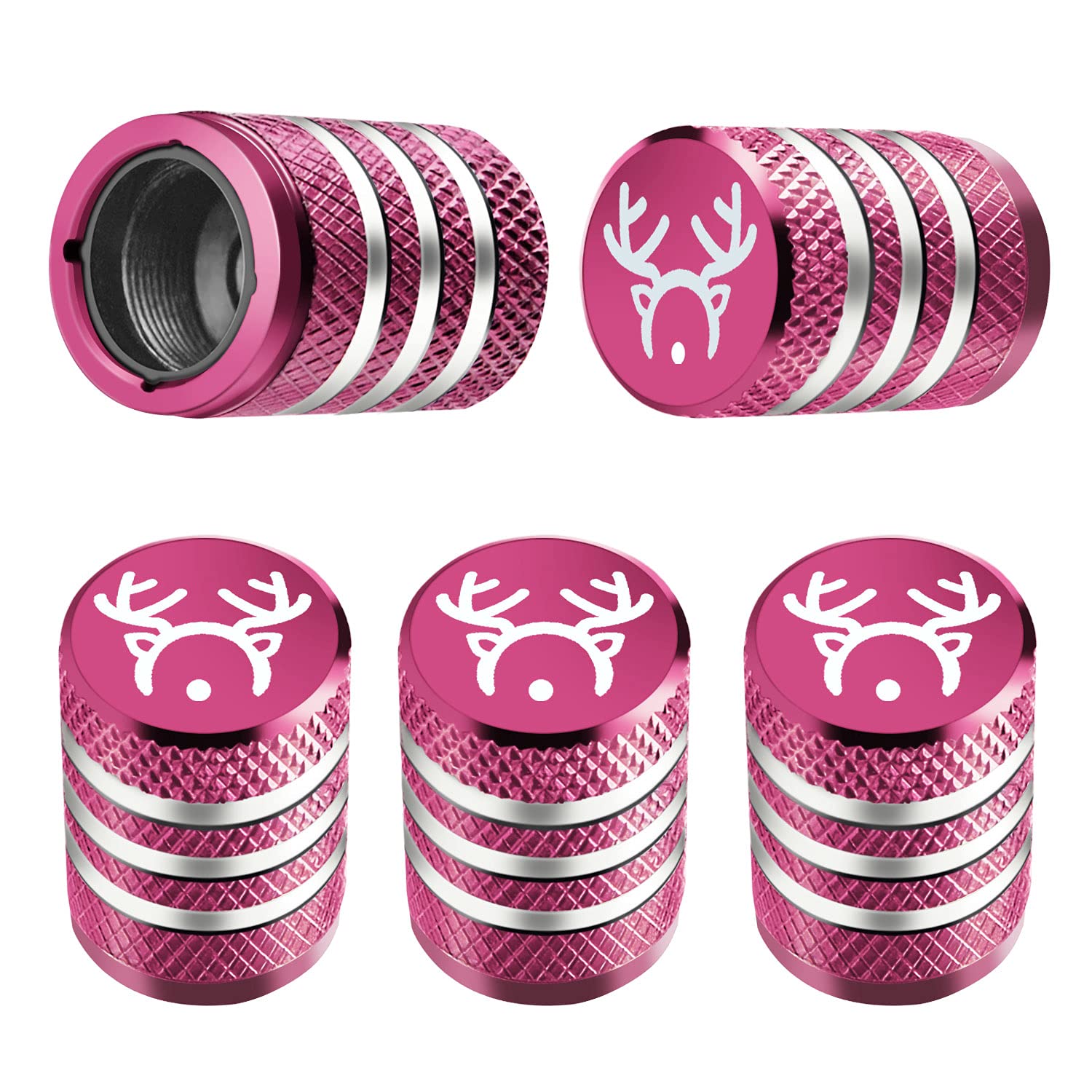 Tire Valve Stem Caps (5 Pack) - Corrosion Resistant Pink Reindeer Antler Car Accessories for Christmas Decor