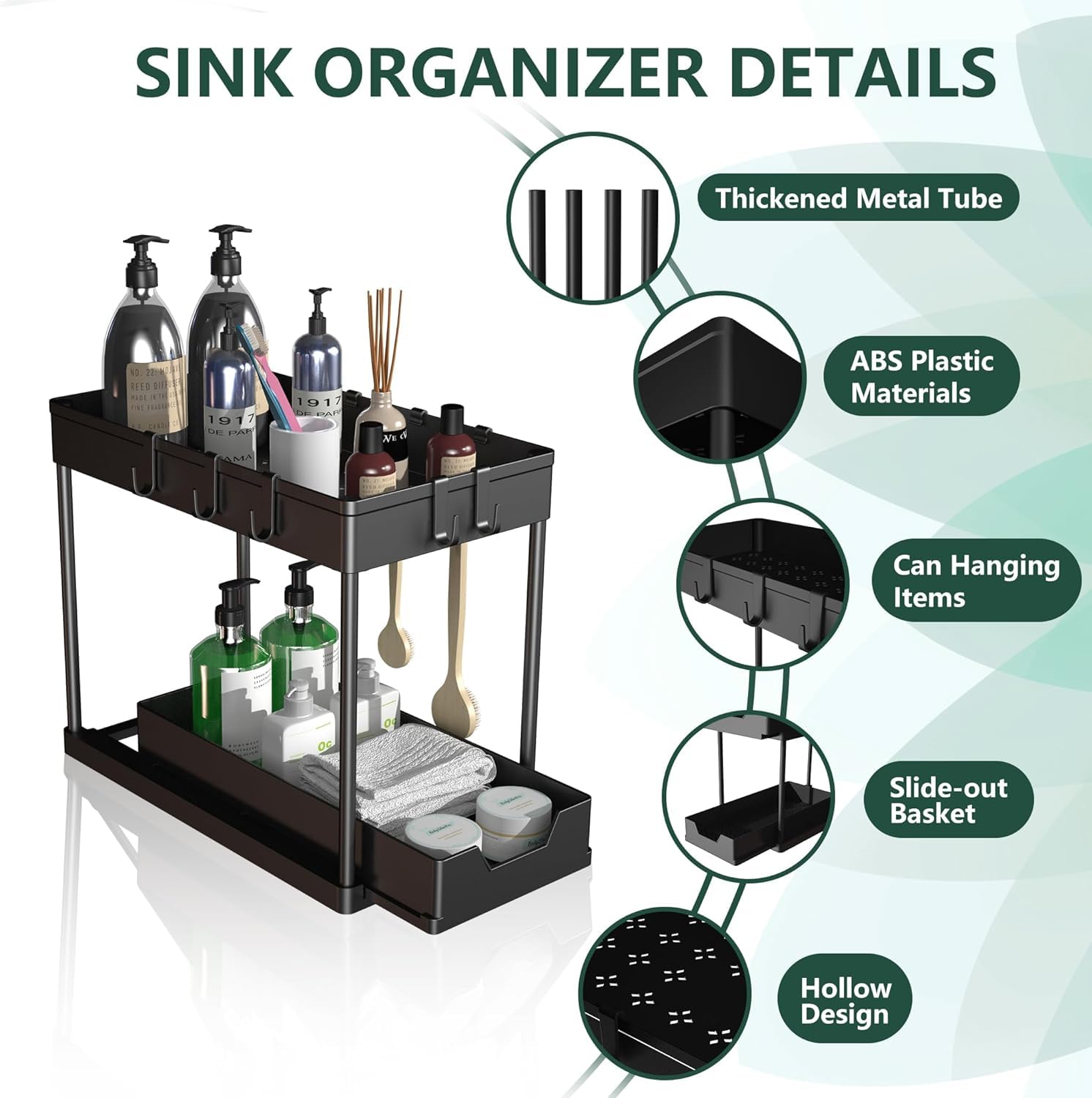 2-Pack Under Sink Organizer with Sliding Shelves & Hooks - Space Saving Bathroom & Kitchen Storage Cabinet - Perfect for Small Spaces Under Vanity, Bathroom Sink or Kitchen Cabinet - Black