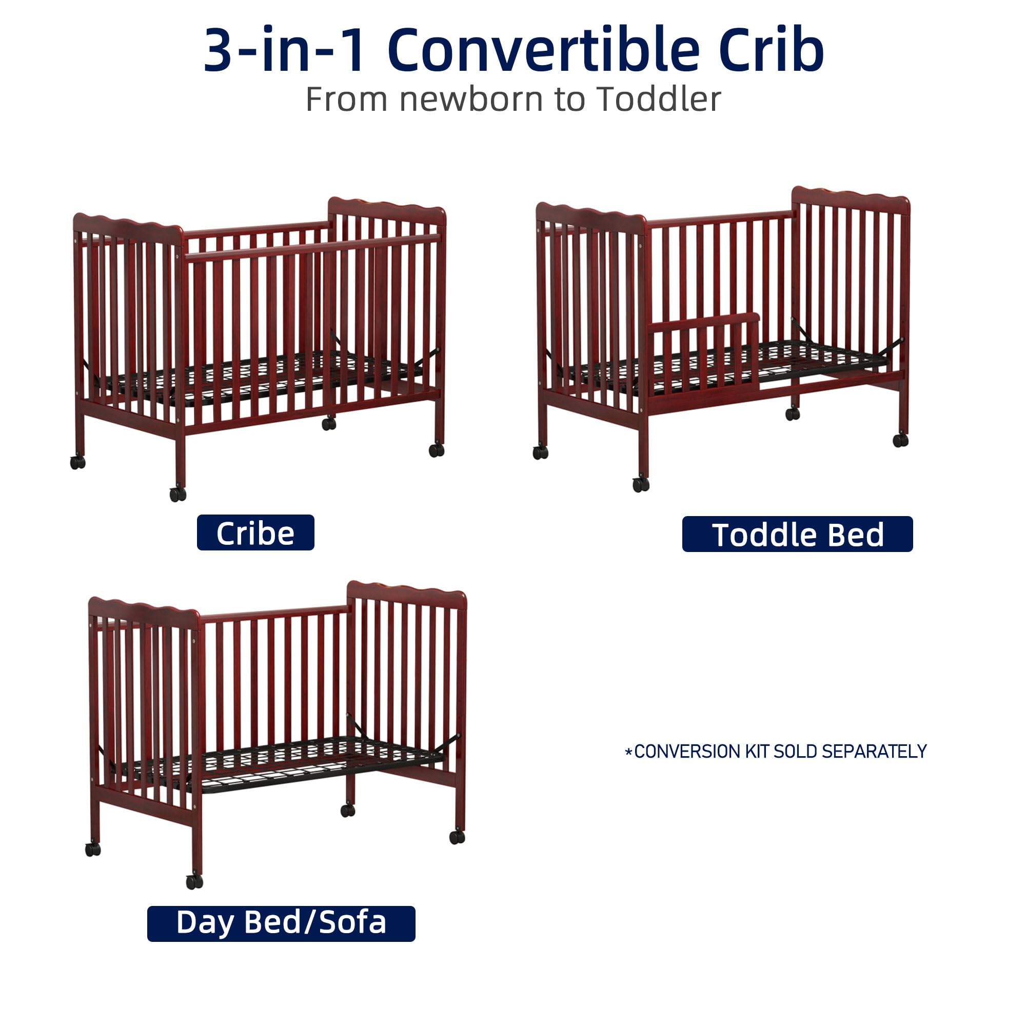 3-in-1 Convertible Baby Crib to Toddler Bed - Full Size Wooden Nursery Furniture with Locking Wheels, Non-Toxic Cherry Finish - Safe Sleeping Solution for Newborns & Toddlers