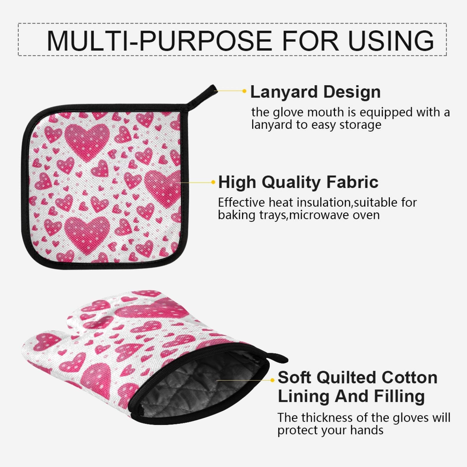 Valentine's Day Pink Oven Mitts and Pot Holders Set - Heat Resistant Kitchen Gloves with Heart Design for Baking, Cooking, BBQ - Perfect Gift for Mother's Day, Housewarming & Romantic Dinners