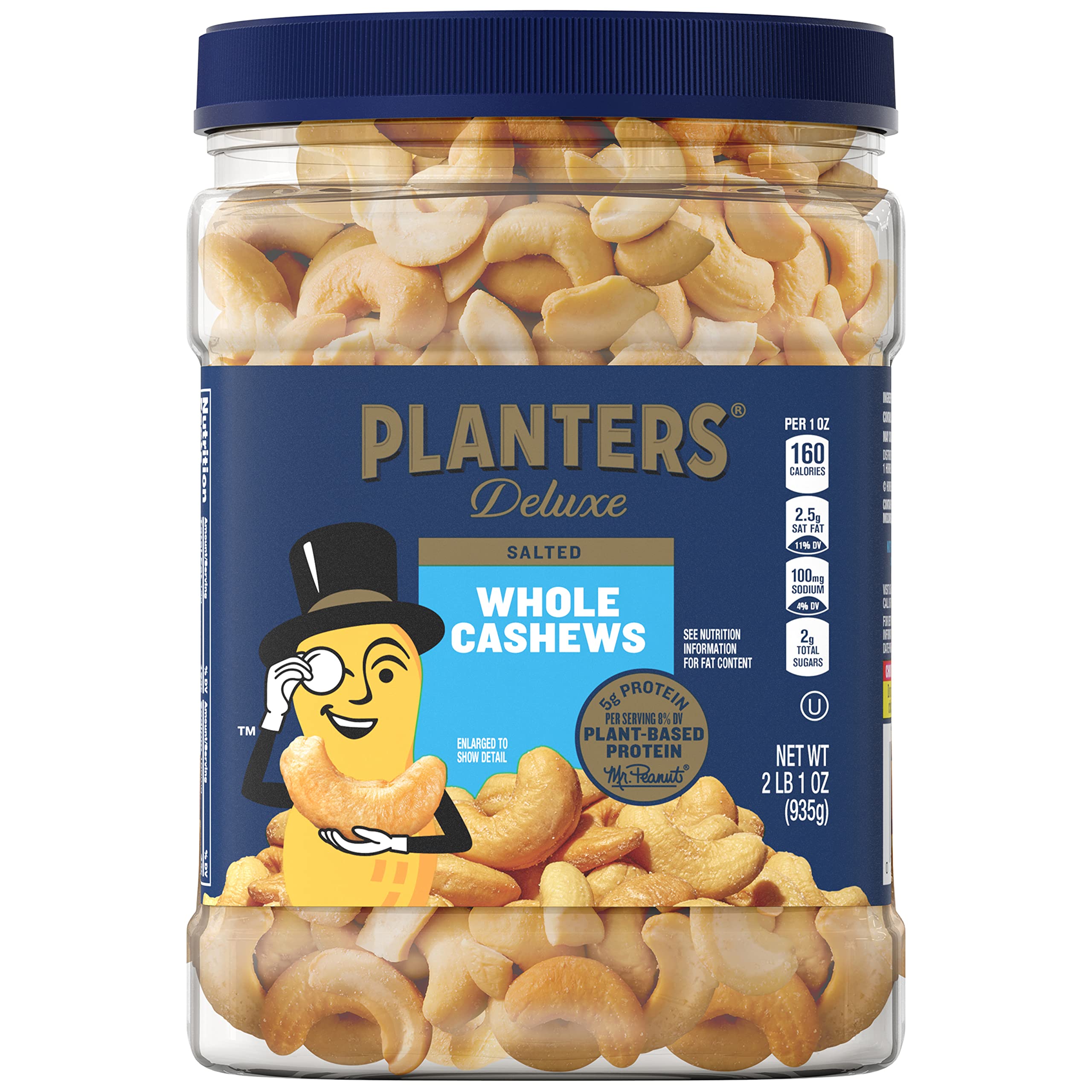 PLANTERS Deluxe Salted Whole Cashews - 33oz | Roasted with Sea Salt | Kosher Certified | High Protein Plant-Based Snack | Perfect for Parties, After School, Office & Healthy Snacking