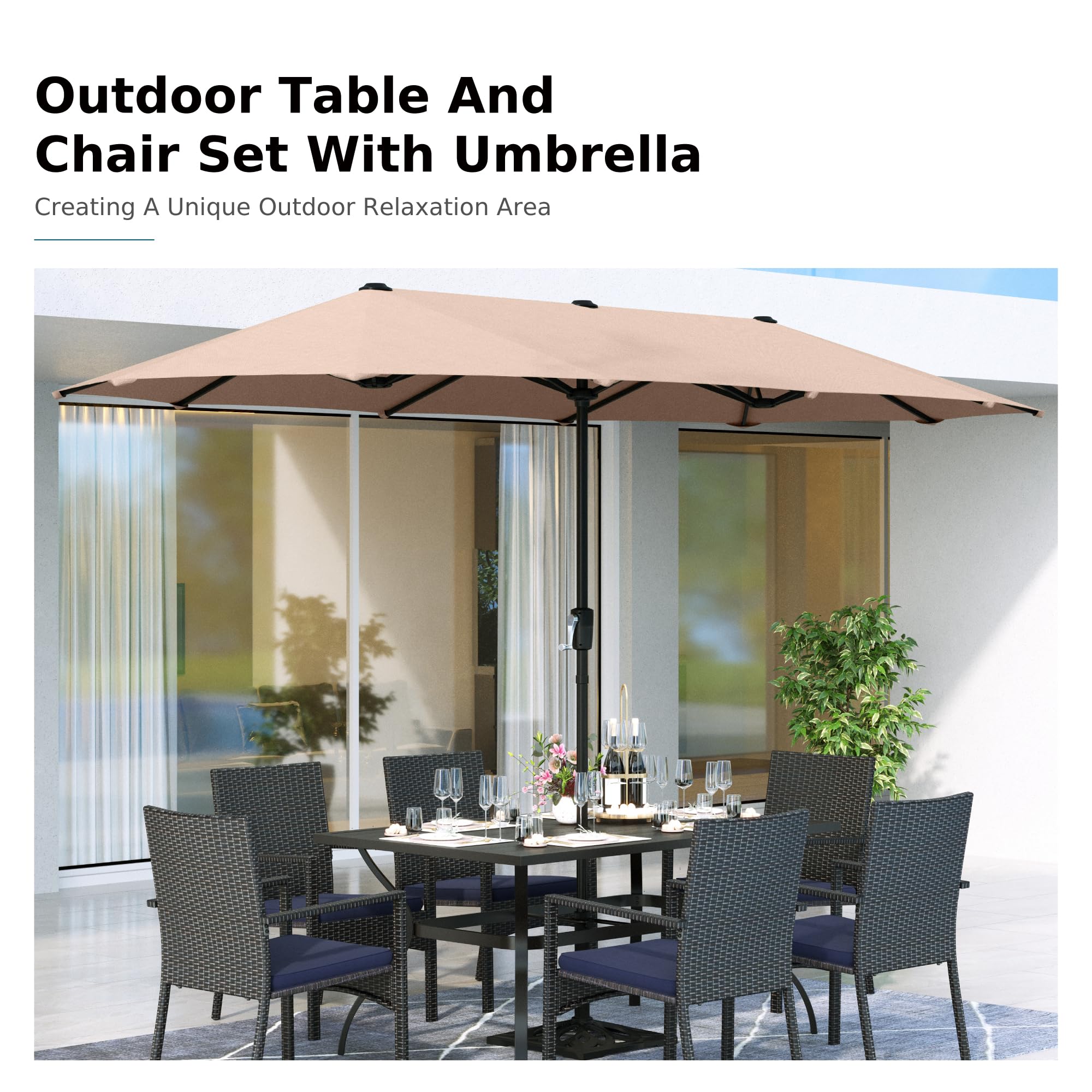 MFSTUDIO 8-Piece Outdoor Patio Dining Set - Rattan Wicker Rectangular Table & 6 Chairs with 13ft Umbrella - Weather-Resistant Metal Frame for Backyard, Garden, Poolside or Terrace Dining