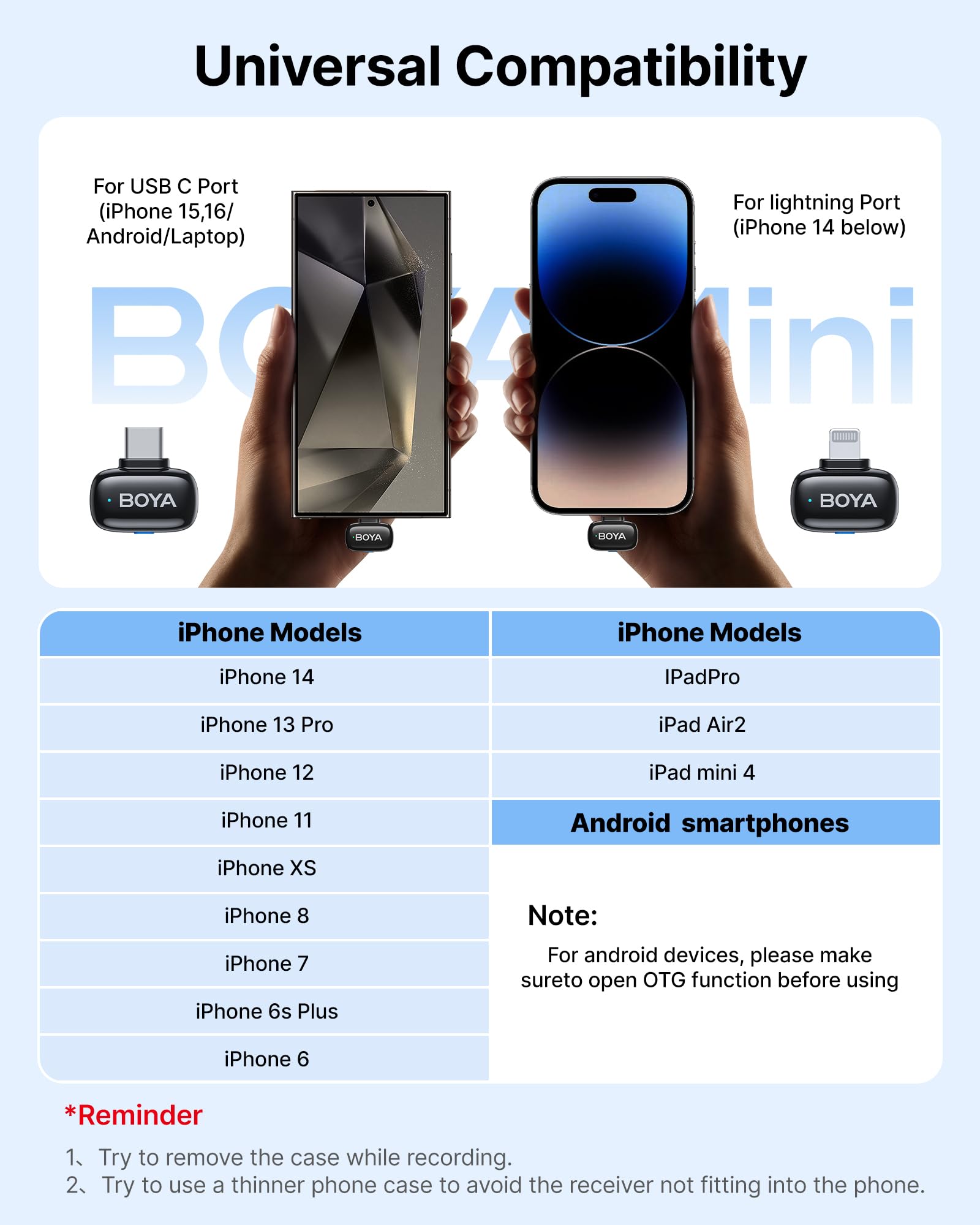 BOYA Mini Wireless Mic for iPhone Android PC - MFi Certified, Noise Reduction, 30H Battery for Video Podcast Recording