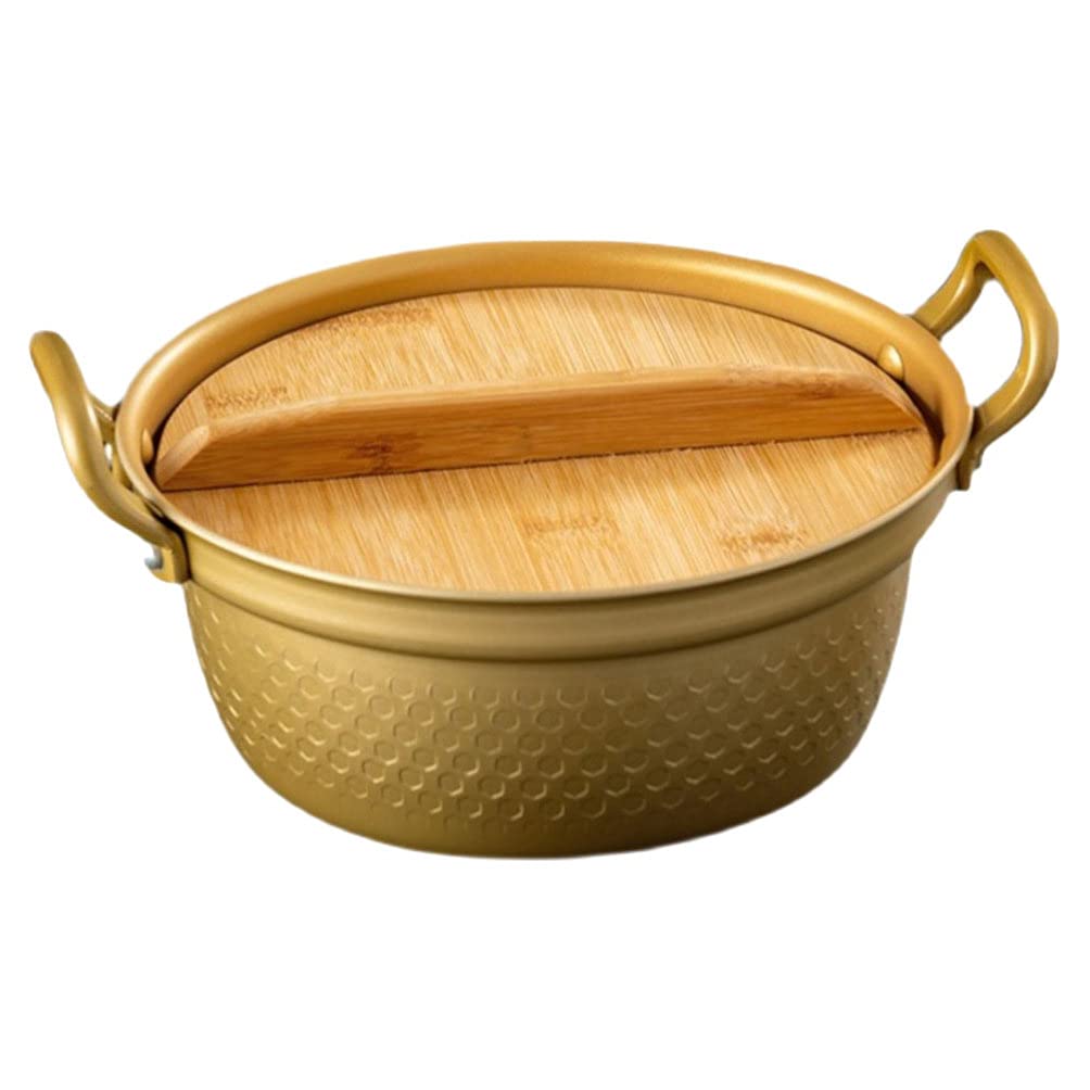 Hemoton 1-Piece Bamboo Lid Soup Pot - Korean Style Milk Pan, Instant Noodle Pot & Ramyun Bowl with Glass Mugs - Aluminum Sauce Pan with Lid for Kitchen Use - Perfect for Cooking Soup, Stew, Milk Heating & Serving Asian Dishes