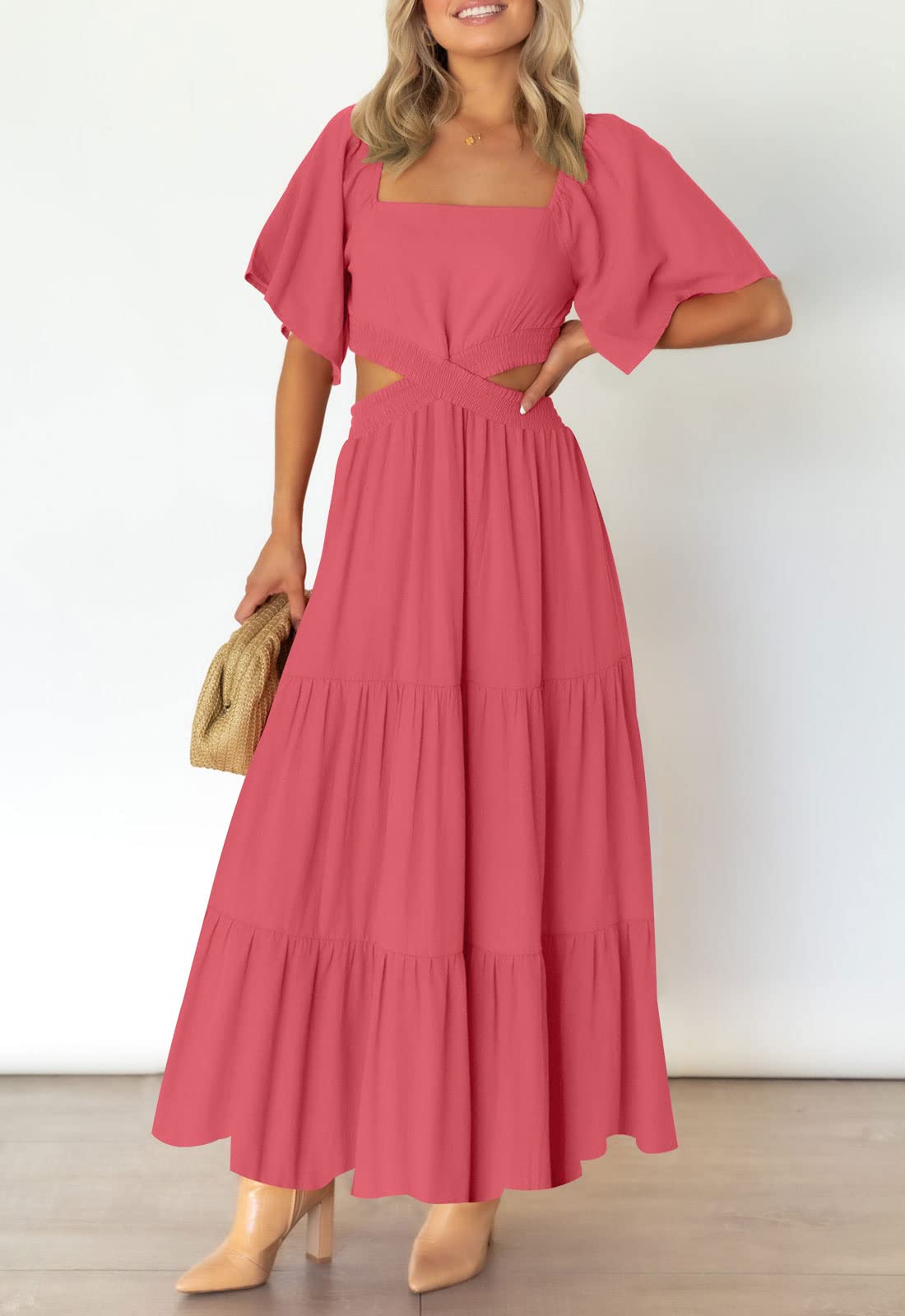 LEANI Women's 2025 Summer Cutout Maxi Dress - Square Neck Short Sleeve Crossover Waist Casual Party Dress for Beach Vacation, Wedding Guest & Date Night Outfits