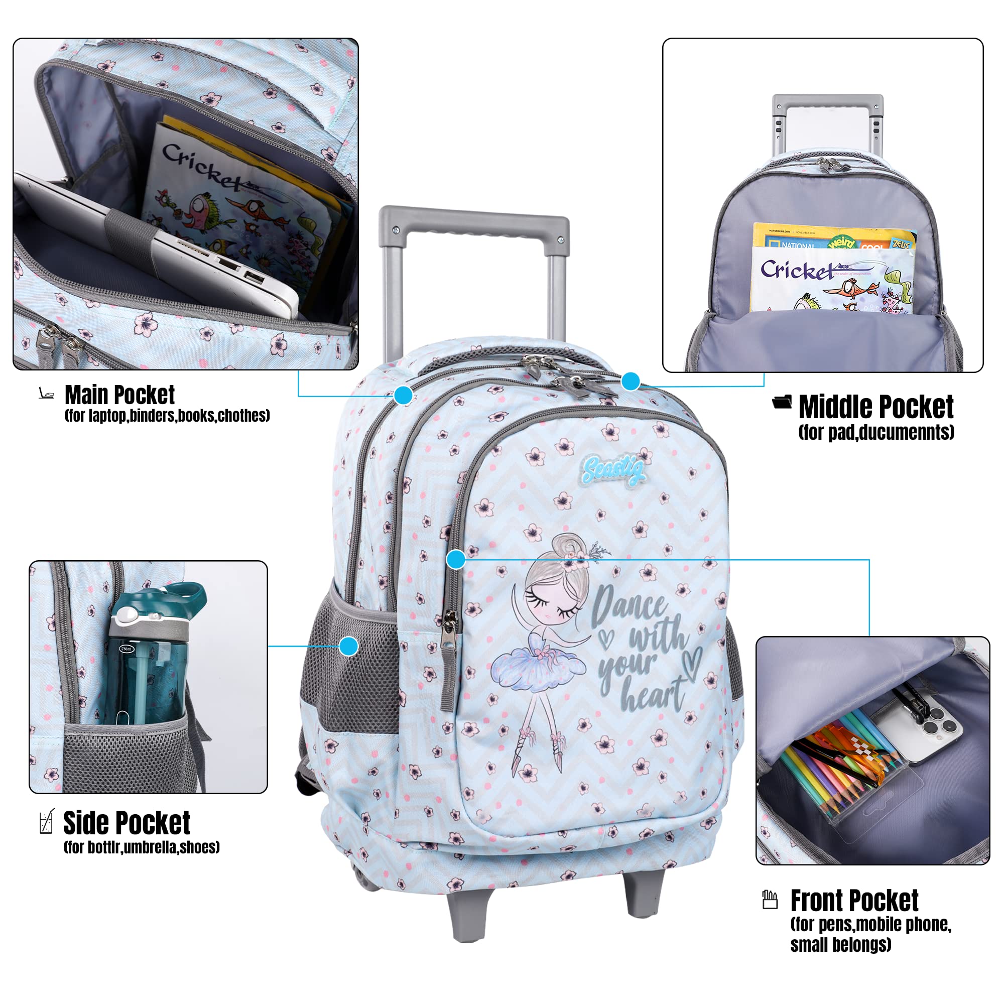 Seastig 18in Rolling Backpack for Kids - Double Handle Wheeled Backpack with Lunch Bag Set | School, Travel & Daily Use for Boys & Girls