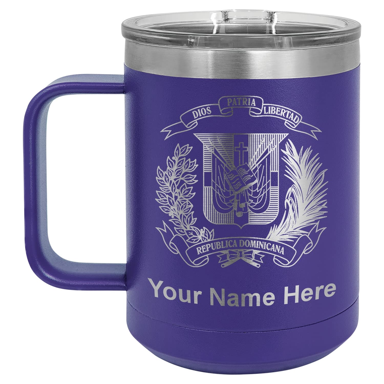 LaserGram 15oz Vacuum Insulated Stainless Steel Coffee Mug - Personalized Engraved Coat of Arms Dominican Republic Design - Keeps Drinks Hot/Cold for Hours - Perfect for Travel, Office & Outdoor Use (Dark Purple)