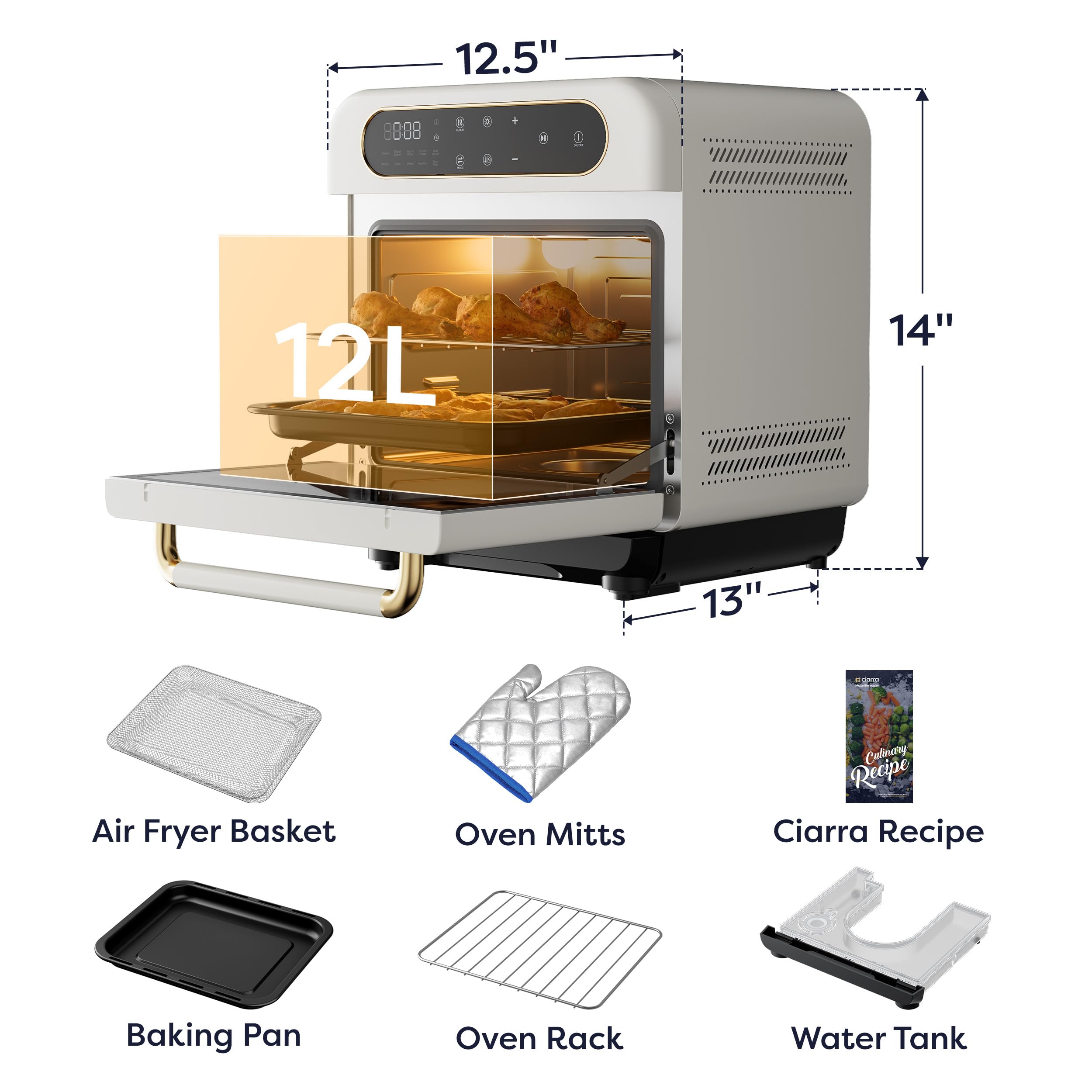 CIARRA 8-in-1 Air Fryer Steam Oven Countertop - 12L Mini Toaster Oven with Steam, Air Fry, Bake, Dehydrate & Ferment Functions | Perfect for Healthy Cooking, Meal Prep & Small Kitchens | White