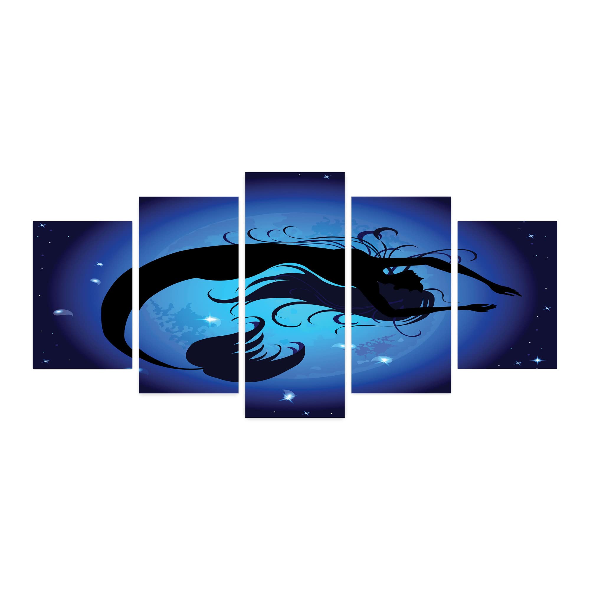 Ambesonne Mermaid Wall Art - 5 Panels Acrylic Glass Painting with Aquatic Girl Silhouette on Moon Sky Background, Fantasy Home Decor for Living Room, Bedroom, Dorm - 60