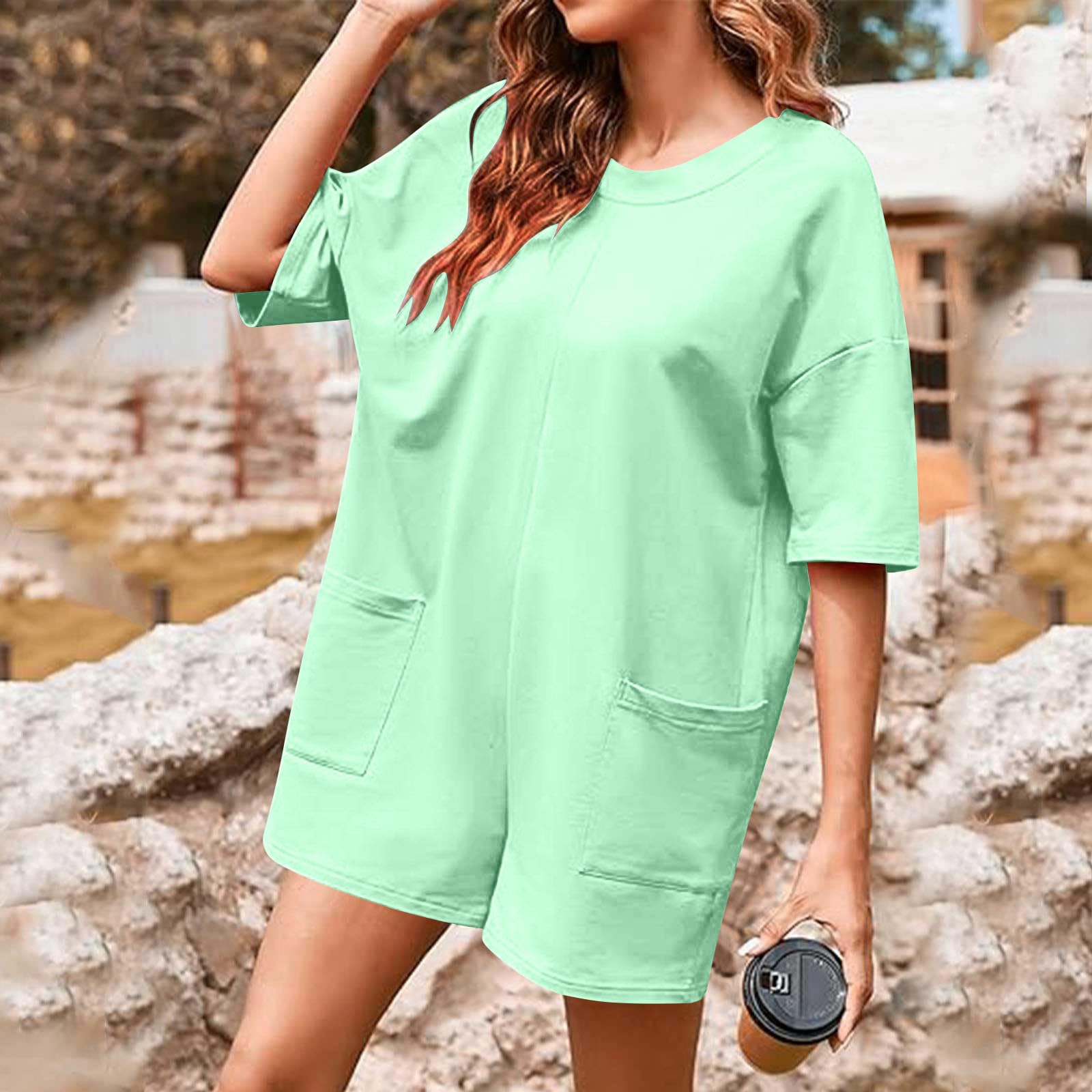 SHOPESSA Women's Plus Size Short Sleeve Jumpsuit with Pockets - Loose Flowy Summer Romper for Casual Outings, Beach Wear & Vacation Outfits