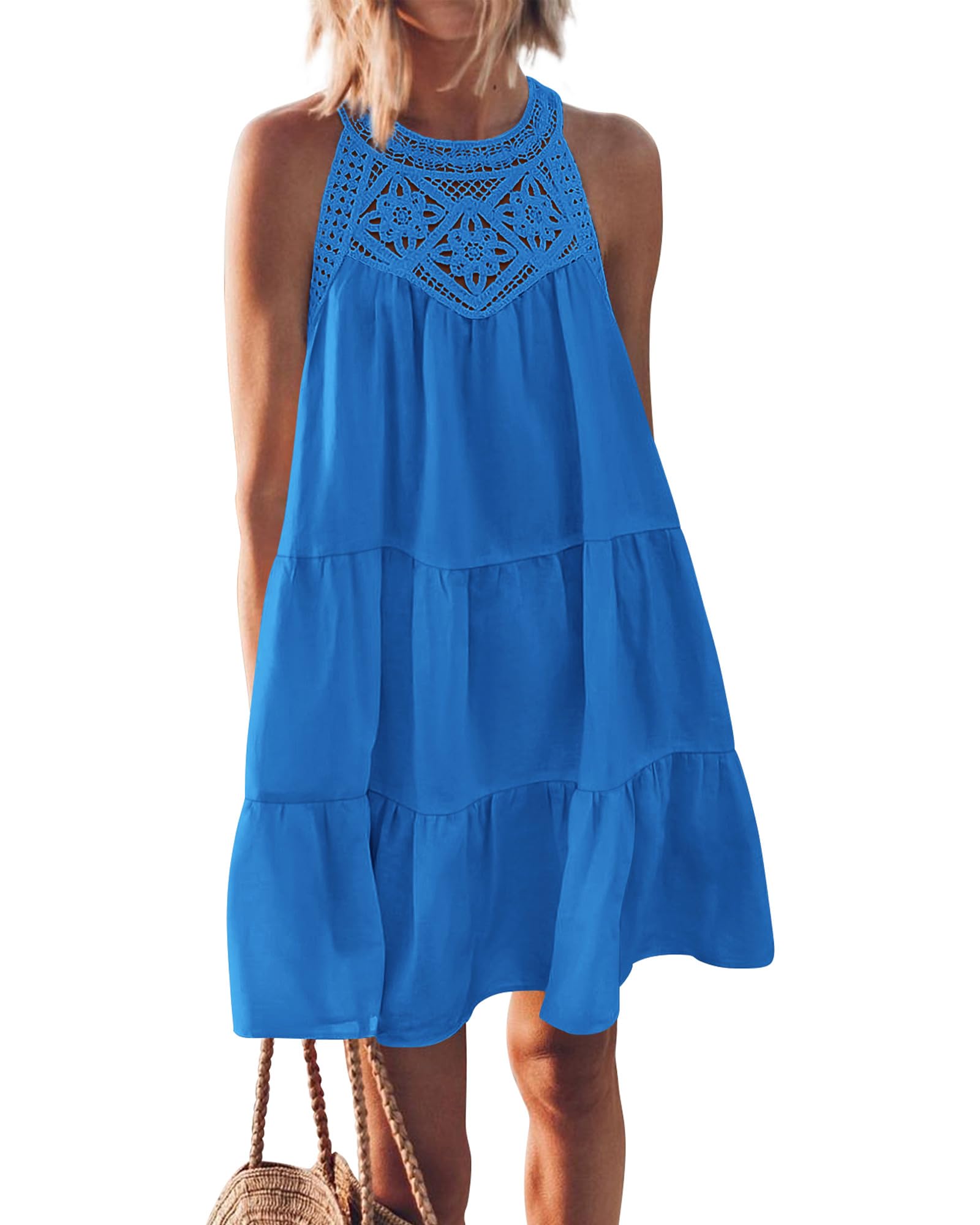 BTFBM Women's Summer Halter Dress - Sleeveless A-Line Tiered Swing Mini Sundress for Beach, Vacation & Casual Wear | Spring 2025 Fashion | Lightweight Breathable Dress for Pool Party, Date Night & Outdoor Activities