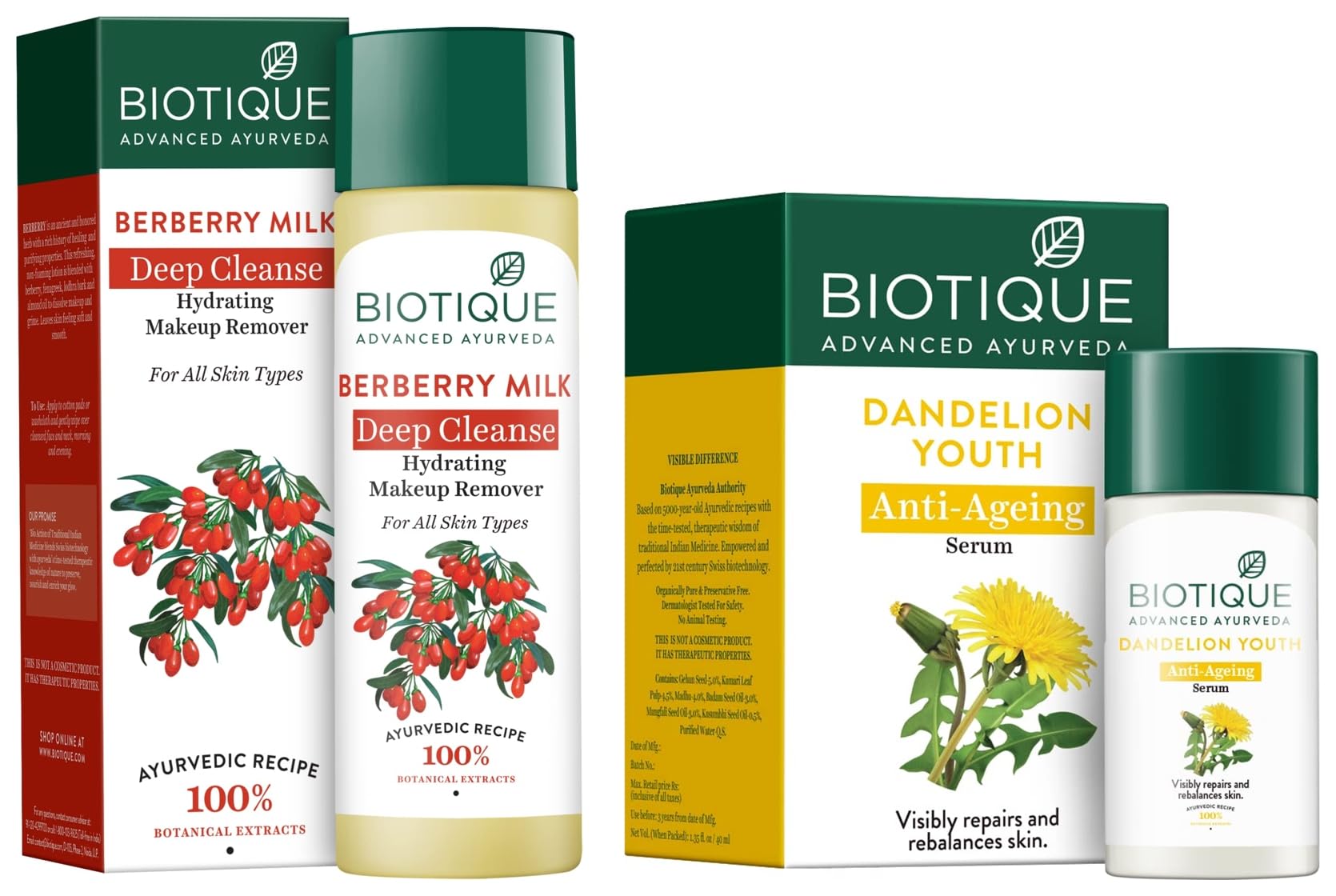 Biotique Bio Berberry Hydrating Cleanser 120ml & Bio Dandelion Anti-Aging Serum 40ml - Gentle Face Wash & Youthful Glow for All Skin Types | Daily Skincare Routine for Hydration & Wrinkle Reduction
