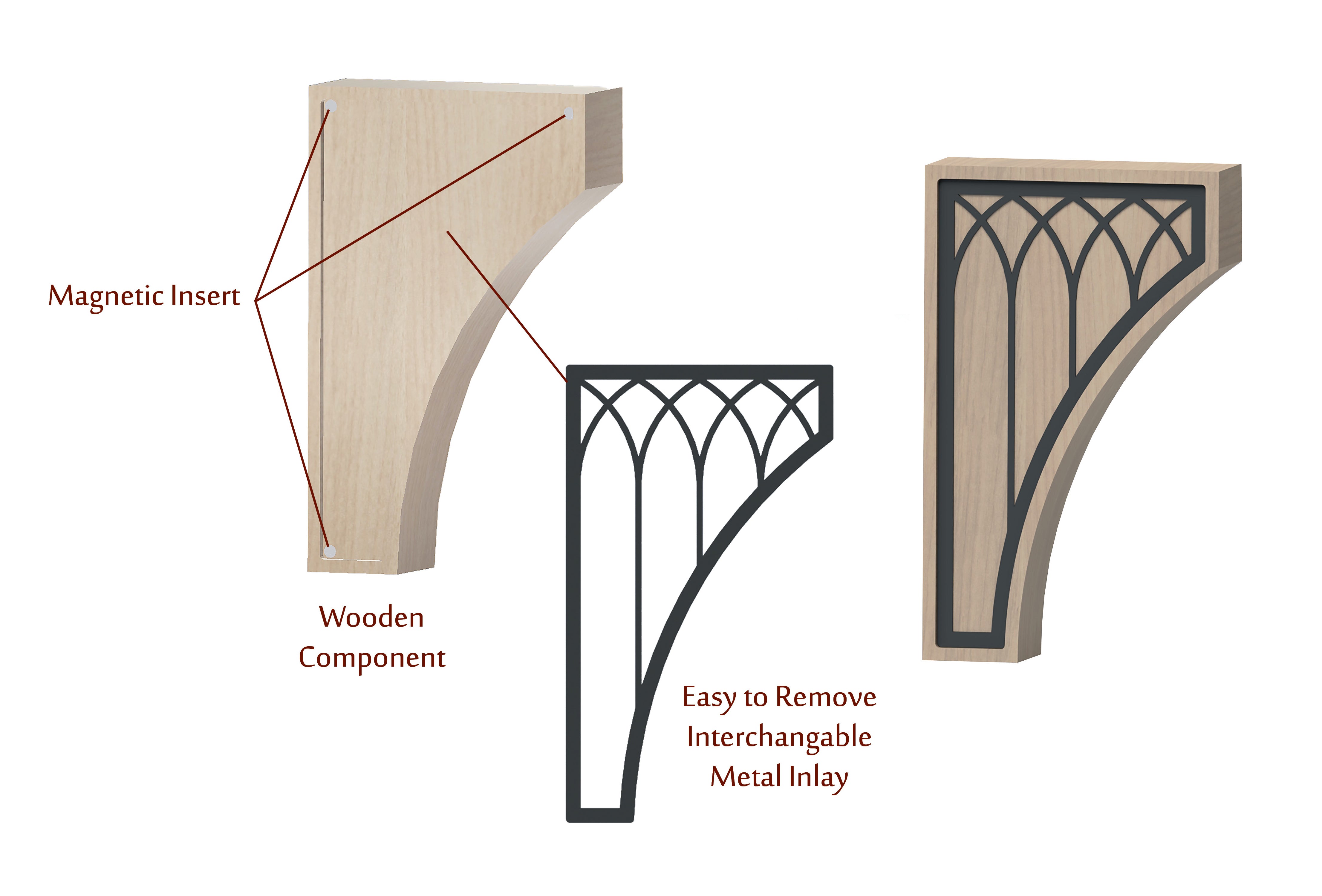 Fast Snap Hood Corbel with Cathedral Metal Inlay - 18 x 16 x 4 3/4 Inch - Decorative Wooden Bracket for Kitchen Cabinets, Shelves & Home Decor