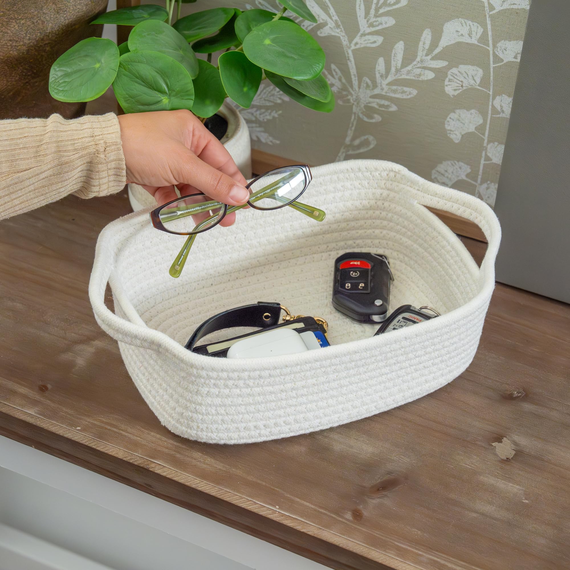 OrganiHaus Set of 5 White Woven Storage Baskets - Rectangle Bathroom & Nursery Organizer Bins, Small Rope Baskets for Home Organization | Perfect for Bathroom Essentials, Baby Items & Closet Storage