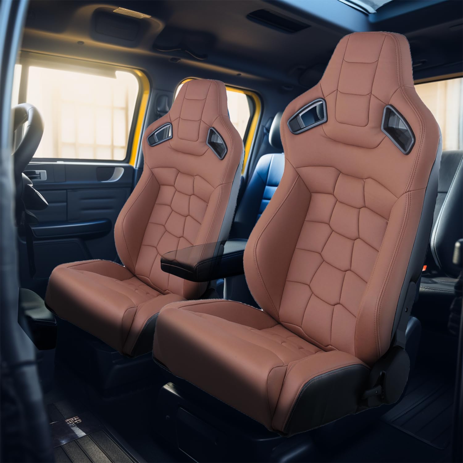2 Pack Universal PVC Leather Bucket Racing Seats with Dual Lock Sliders - Adjustable Front-Back Car Seats for Sports Cars, Sedans & Trucks | Perfect for Racing, Drifting & Daily Driving (Brown)