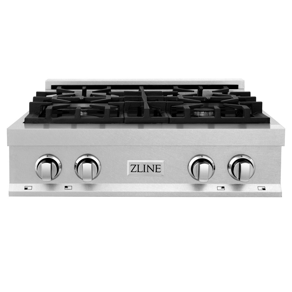 ZLINE 30-inch Satin Stainless Steel Gas Rangetop with Convertible Range Hood - Professional Kitchen Package for Home Chefs | Perfect for Modern Kitchens, Open Concept Homes & Gourmet Cooking