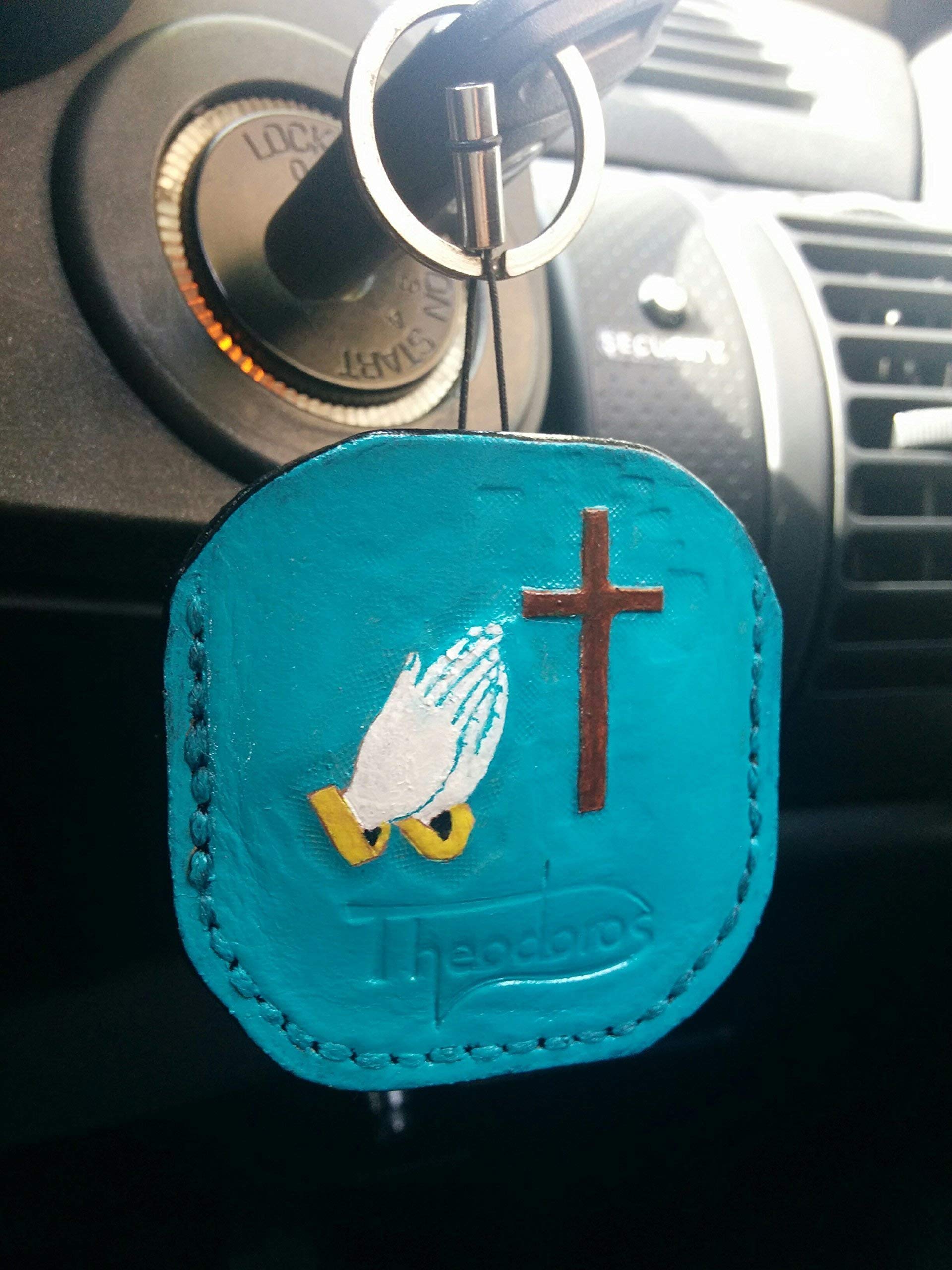 3D Genuine Leather Christian Cross Keychain with Prayer Hands & Custom Initials - Handmade Personalized Carved Keyring for Men Women - Perfect for Gifts, Car Keys & Everyday Carry