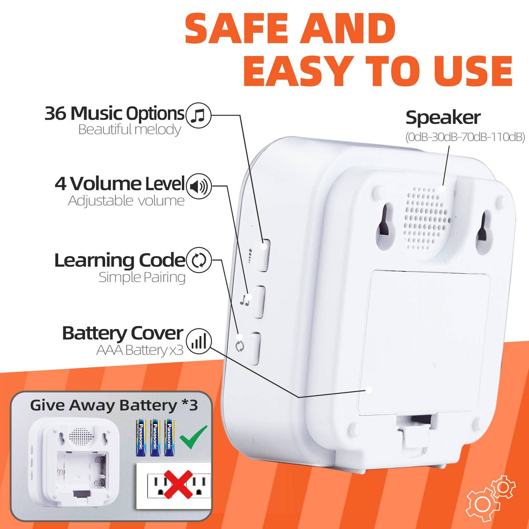 Wireless Doorbell with 36 Melodies & LED Light - 1200ft Range, Battery Operated, Portable Chime for Home, Office, Hearing Impaired - Easy Installation & Adjustable Volume (1 Button + 1 Receiver, White) - Perfect for Apartments, Houses, Elderly & People with Disabilities