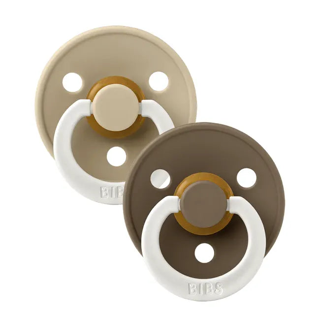 Bibs Original Color Collection Round Latex Pacifier 2-Pack - Vanilla & Dark Oak (Glow in the Dark) | Soothing Baby Teething Relief for Day & Night Use