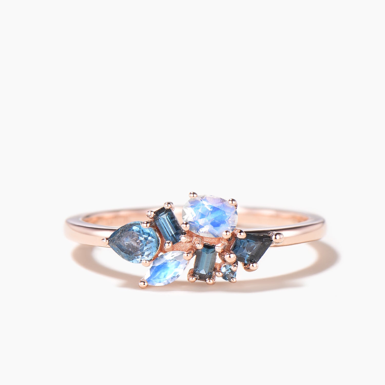 Natural London Blue Topaz and Moonstone Mixed Cut Dainty Band Ring - Elegant Stackable Jewelry for Everyday Wear & Special Occasions