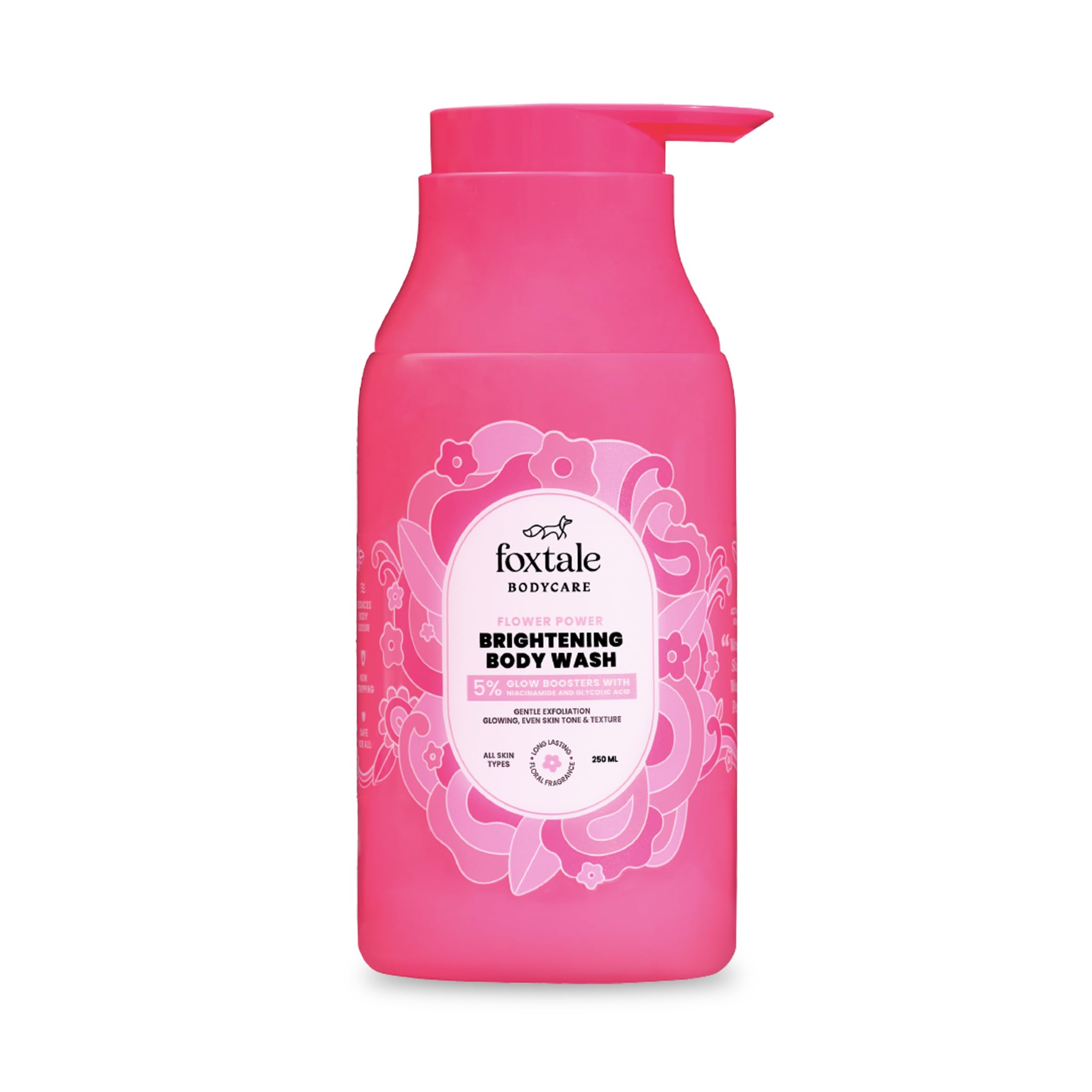 Foxtale De-Tan Brightening Body Wash with Glycolic Acid & Niacinamide - Tan Removal & Skin Brightening for Women & Men | SLS-Free, 6+ Hour Odor Control | Suitable for All Skin Types | 250ml | Perfect for Post-Sun Care & Daily Glow Routine