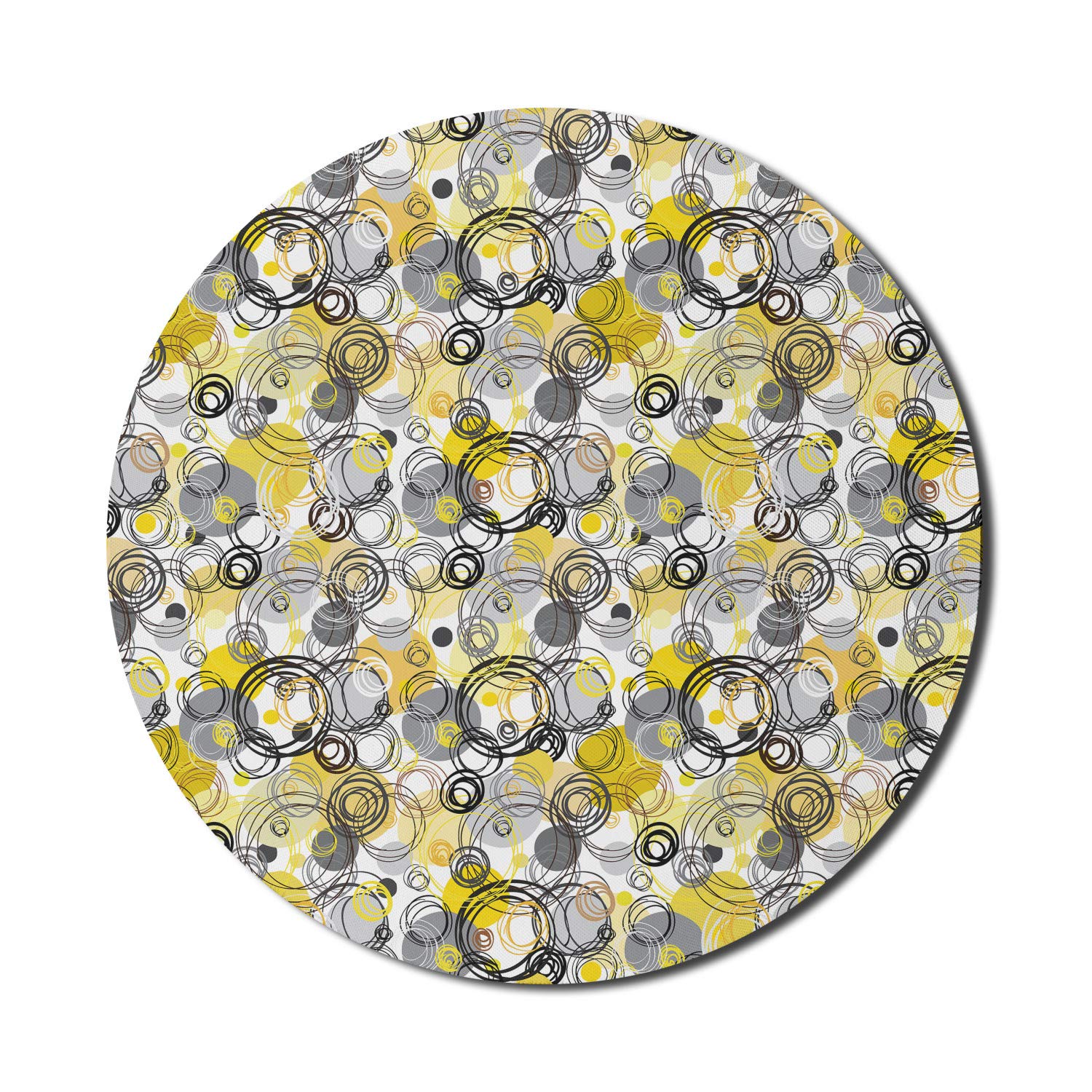 Ambesonne Grey and Yellow Round Non-Slip Rubber Gaming Mouse Pad - 8 Inch Hand Drawn Sketchy Geometric Retro Circles Design for Computer & Office Use - Perfect for Work, Gaming & Home Office Setup