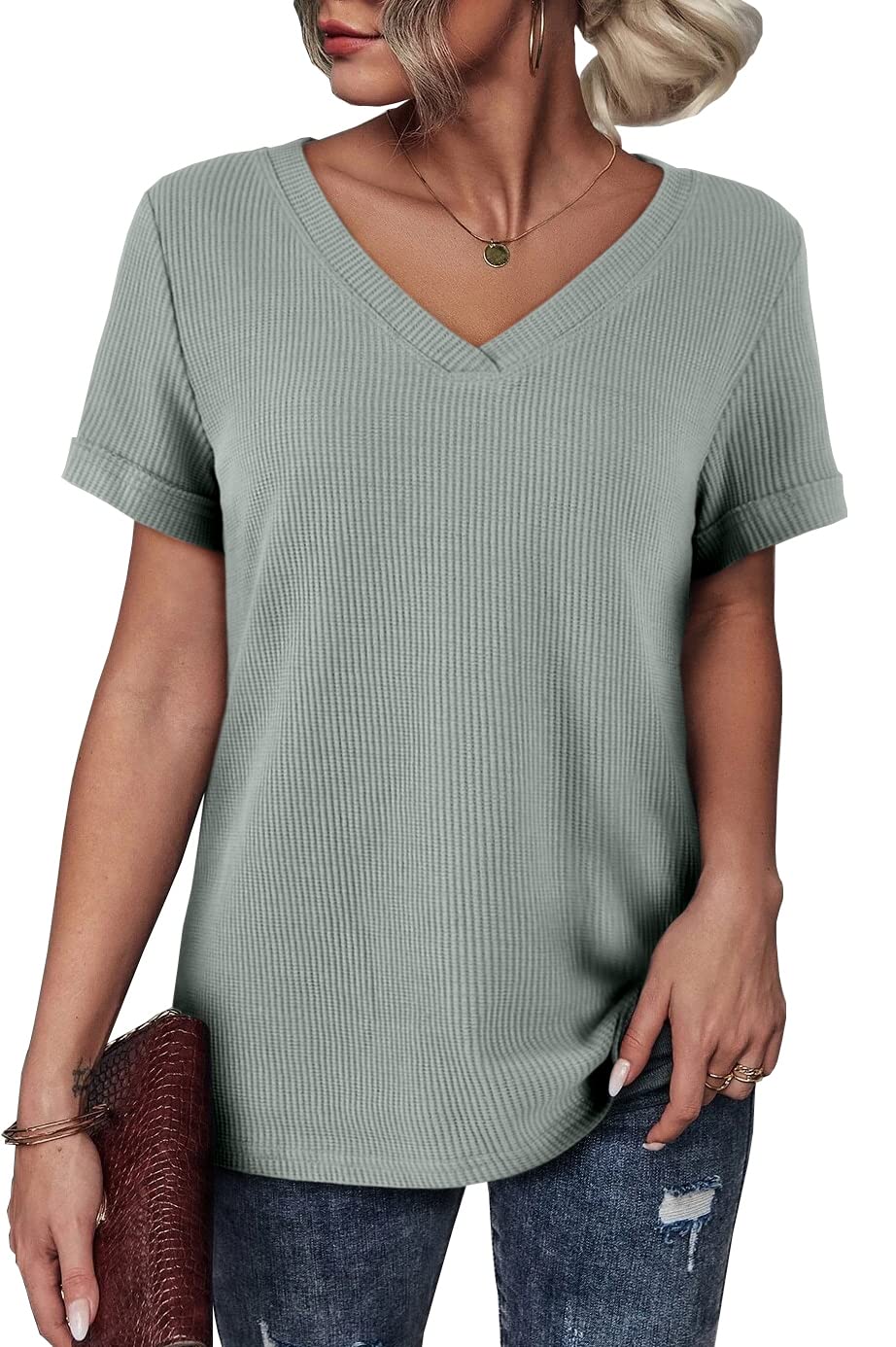Aiopr Women's Short Sleeve V-Neck T-Shirt - Casual Loose Fit Waffle Knit Blouse for Summer | Perfect for Beach, Vacation & Everyday Wear