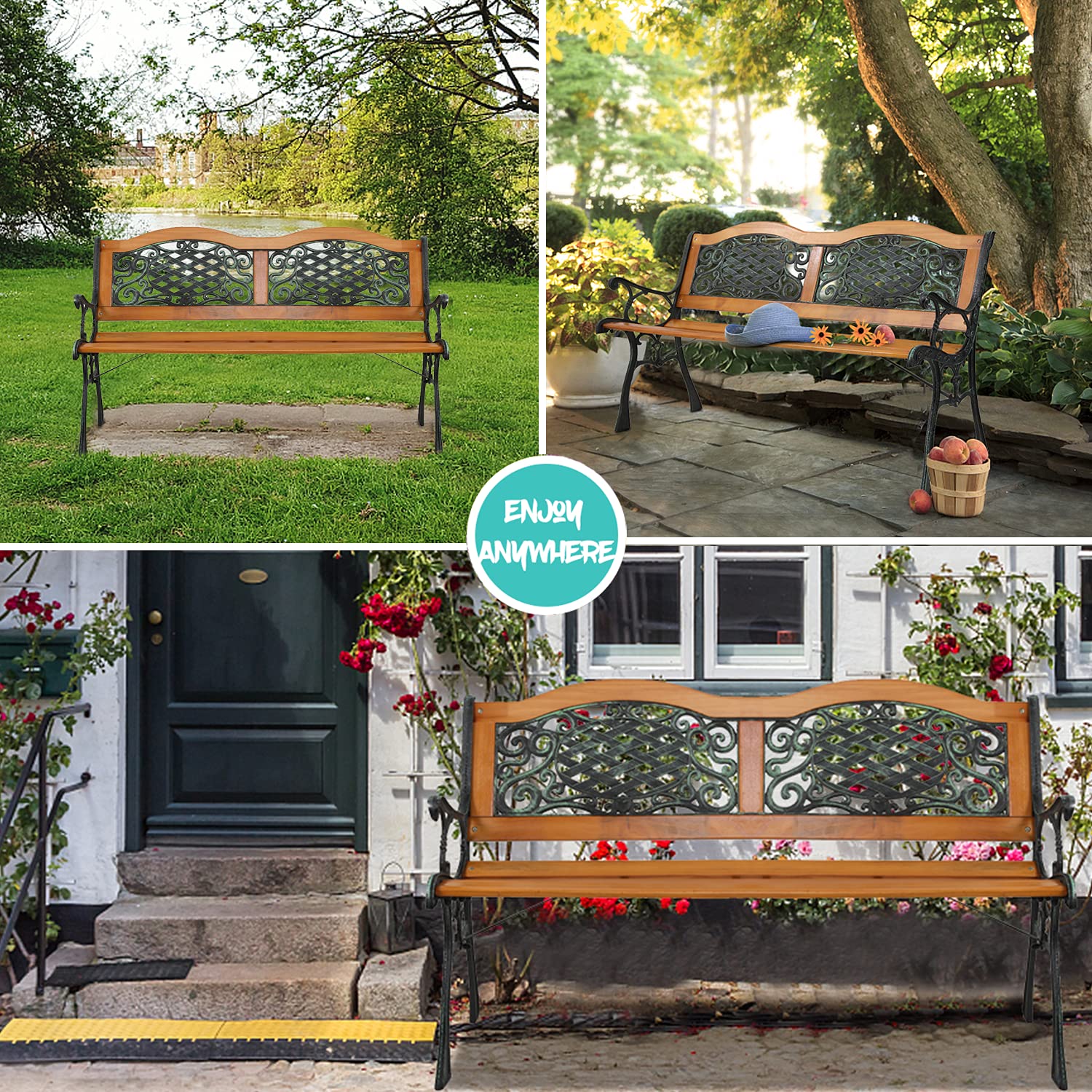 JOYBASE 50 Inch Outdoor Patio Bench - Sturdy Wood and Iron Garden Bench for Park, Porch, Backyard - Weather-Resistant Black & Natural Finish - Perfect for Outdoor Relaxation, Garden Seating and Patio Decor