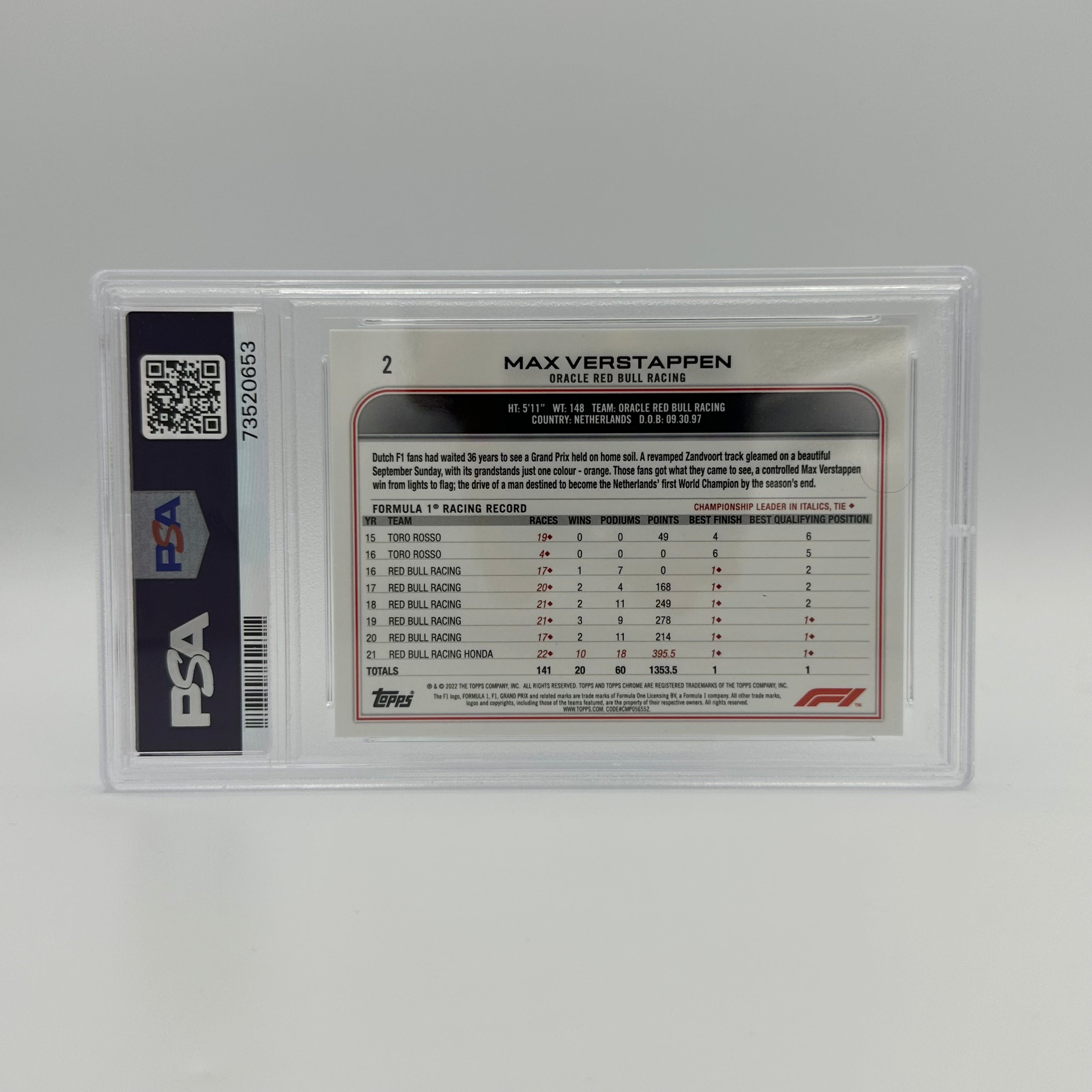 PSA 9 Graded Max Verstappen #2 Sapphire Edition SSP Image Variation - Rare Trading Card for Collectors & F1 Fans, Perfect for Display & Investment