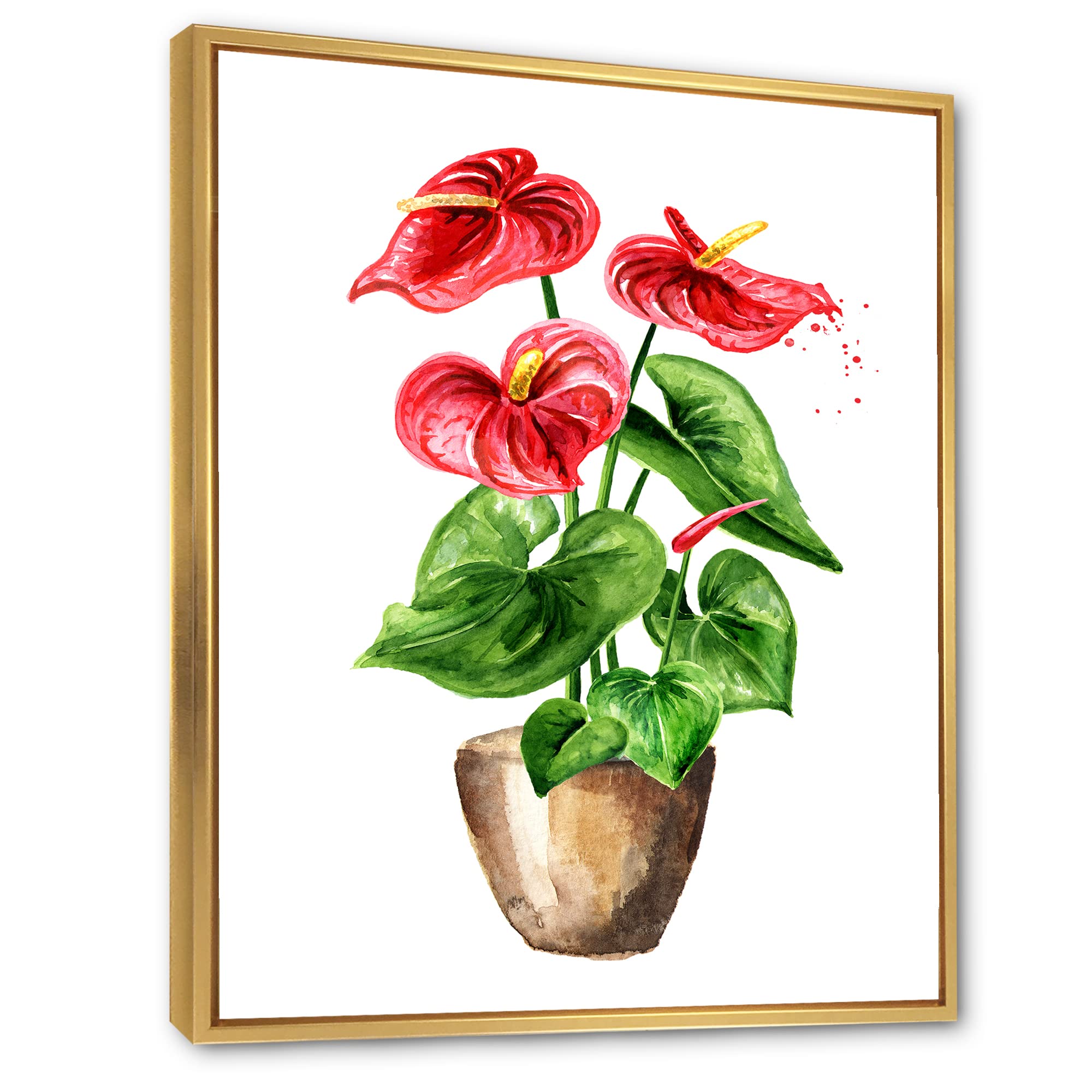DesignQ Anthurium Tailflower or Flamingo Flower Potted Plant - Traditional Framed Canvas Wall Art Print | Perfect for Home Decor, Office & Gift Giving