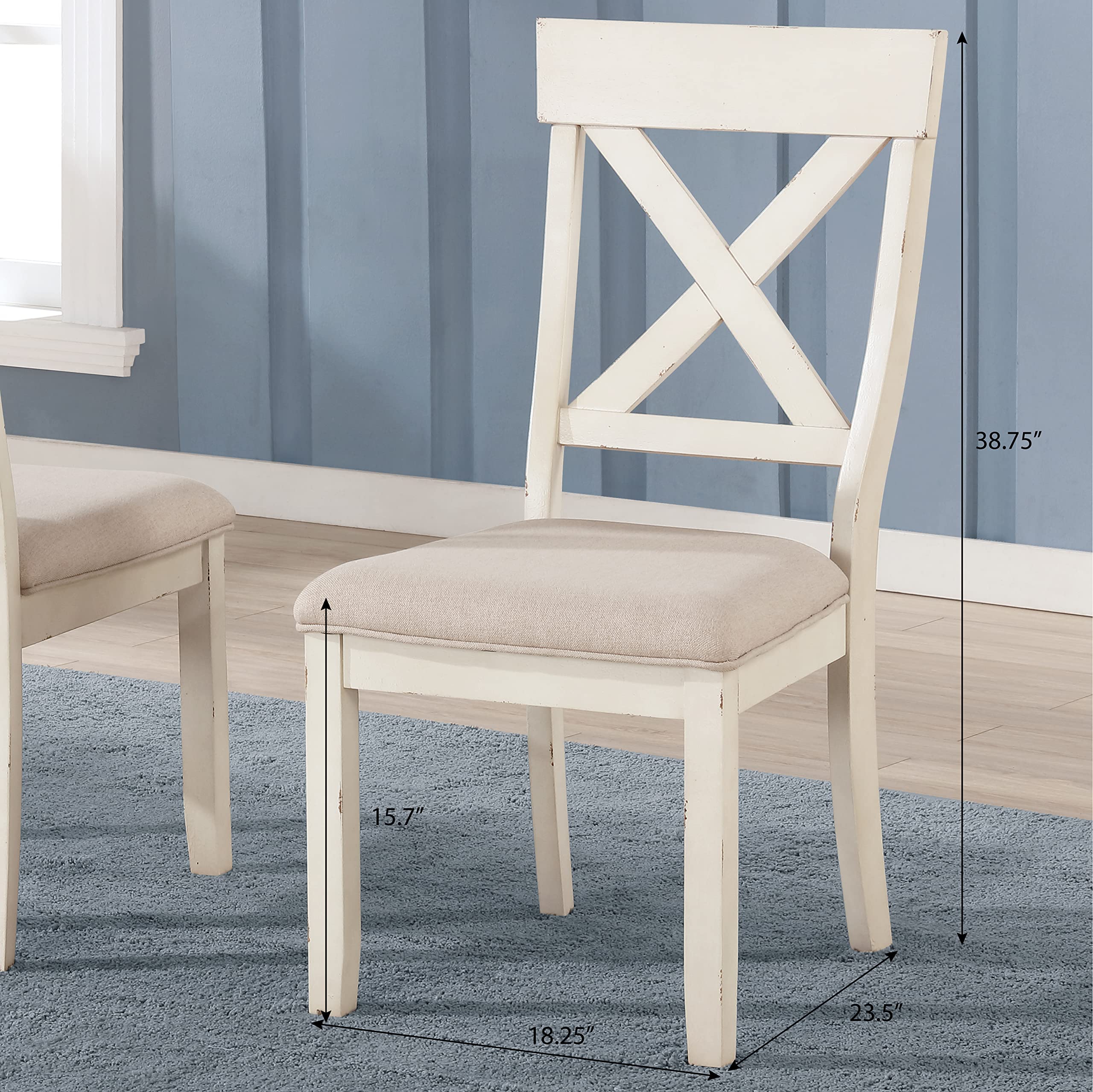 Roundhill Furniture Prato Wood Cross Back Upholstered Dining Chairs Set of 2 - Antique White & Tan - Modern Farmhouse Style for Kitchen, Dining Room & Restaurant