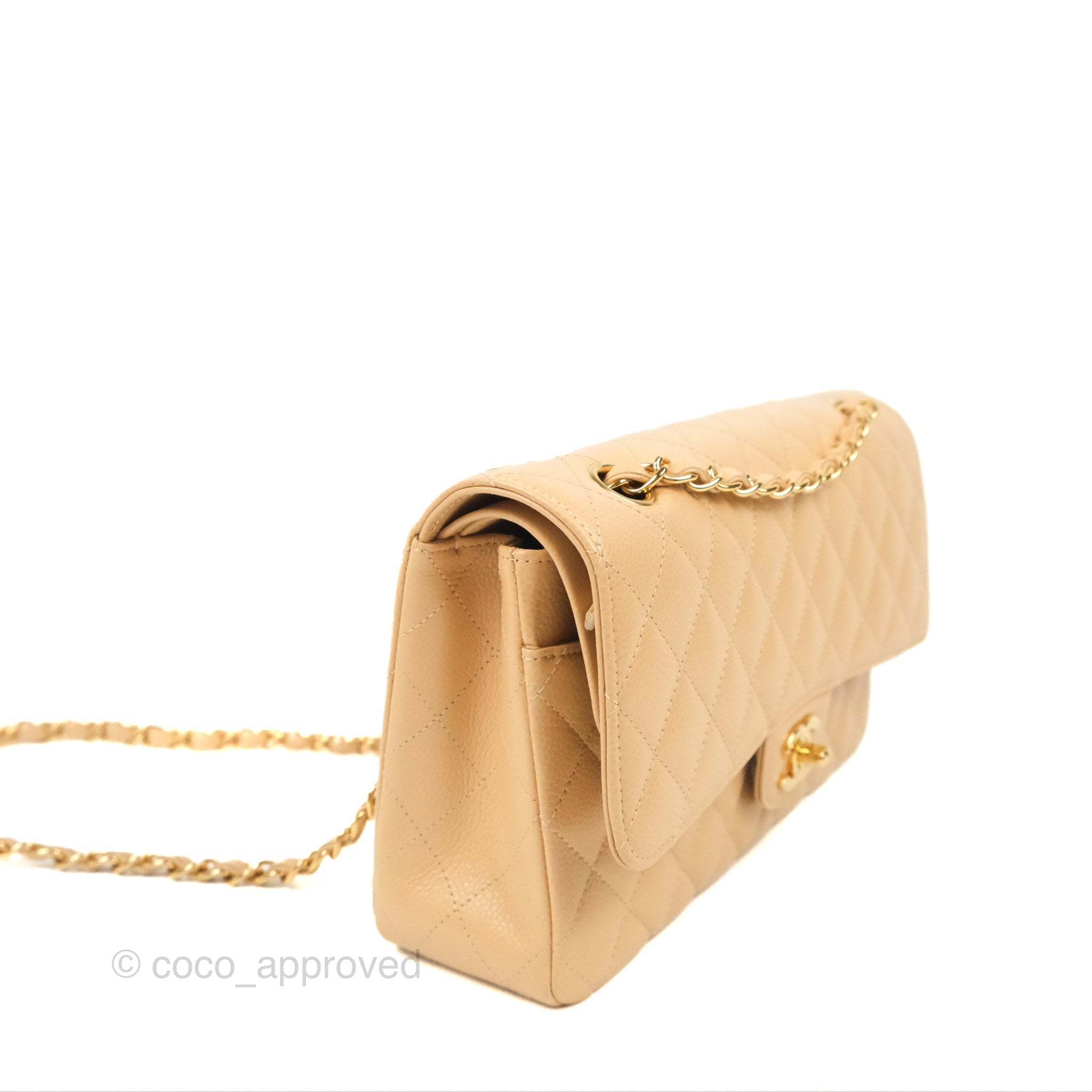 Chanel Classic M/L Medium Double Flap Bag Quilted Beige Caviar Leather with Gold Hardware - Luxury Handbag for Women, Perfect for Work, Parties & Everyday Use