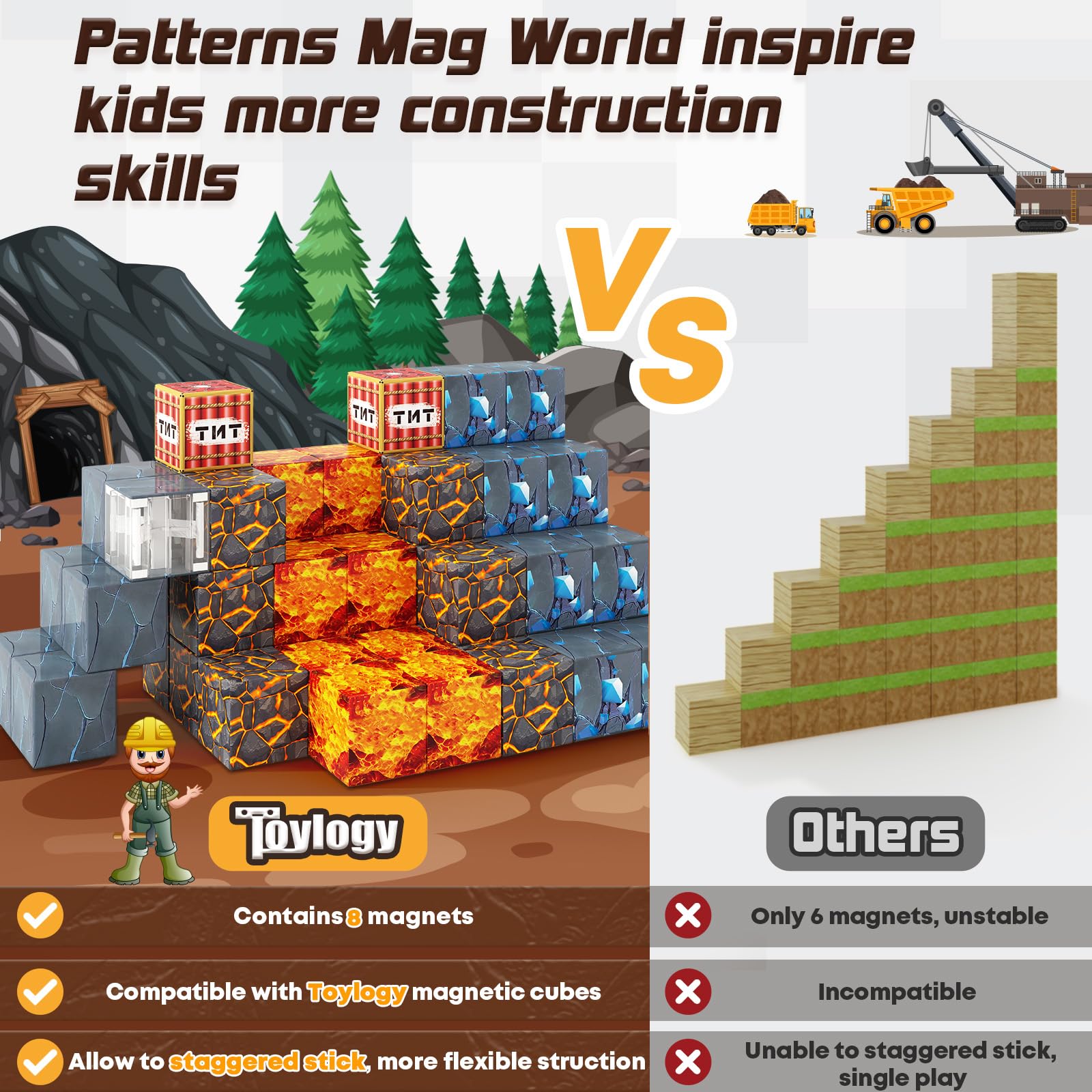 Magnetic Building Blocks for Kids Ages 3-8 - STEM Educational Construction Toys with Pickaxe & Cavern Theme for Boys & Girls - Creative Sensory Play for Indoor & Outdoor Use - Perfect for Preschool Learning & Birthday Gifts