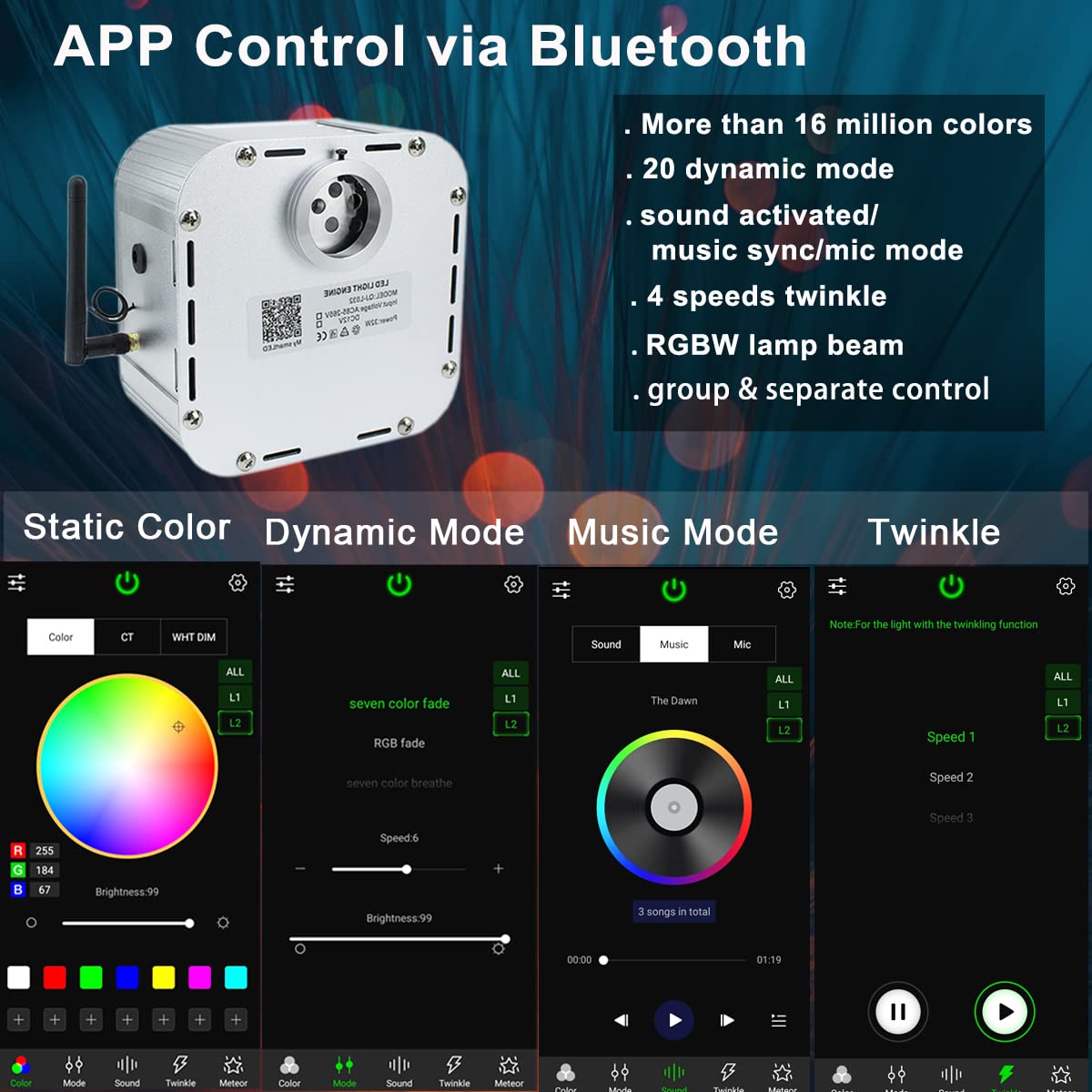 AZIMOM 32W RGBW Fiber Optic Light Source with Bluetooth/RF Control & Music Sensor - Twinkle Star Ceiling Light Engine for Cars, Home Decor, and Party Lighting Effects | Perfect for Bedroom, Theater, and Holiday Decoration