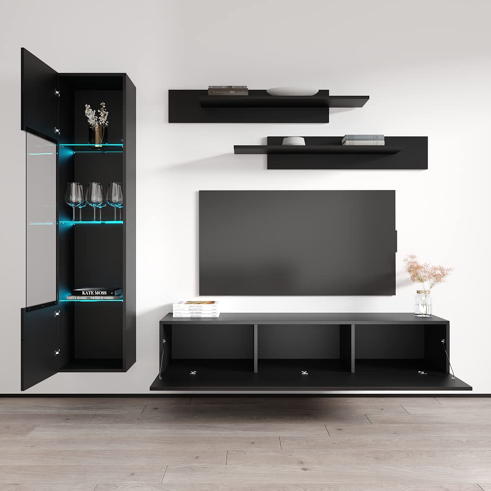 Modern Floating TV Stand with Storage & LED Lights - Wall-Mounted Entertainment Center Console for Bedroom & Living Room - Meble G3 30