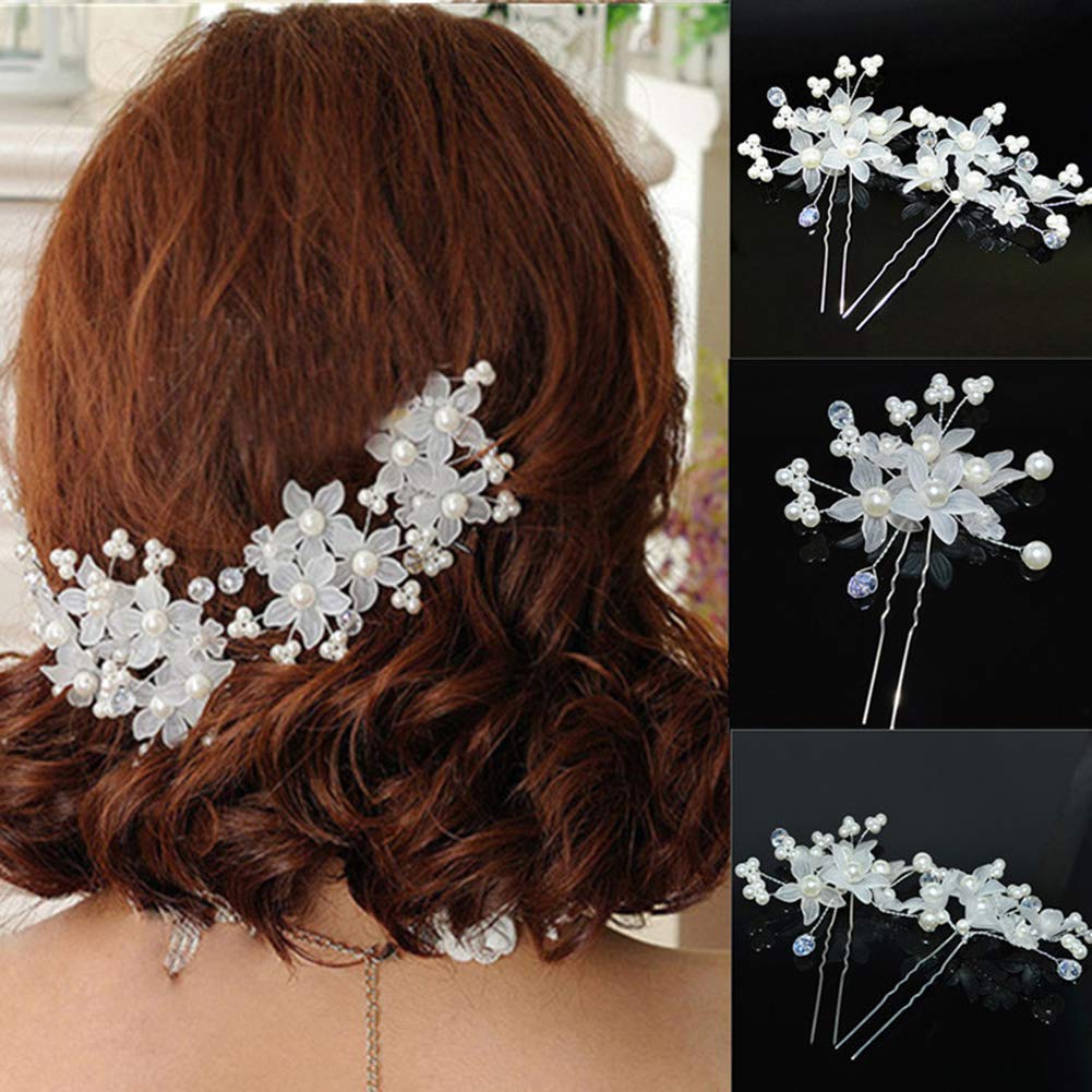 AKOAK 5-Piece Bridal Tiara Set - Handmade Pearl Floral Hair Clips, U-Shaped Hairpins, and Braid Hair Discs for Wedding, Prom, and Special Occasions (White)