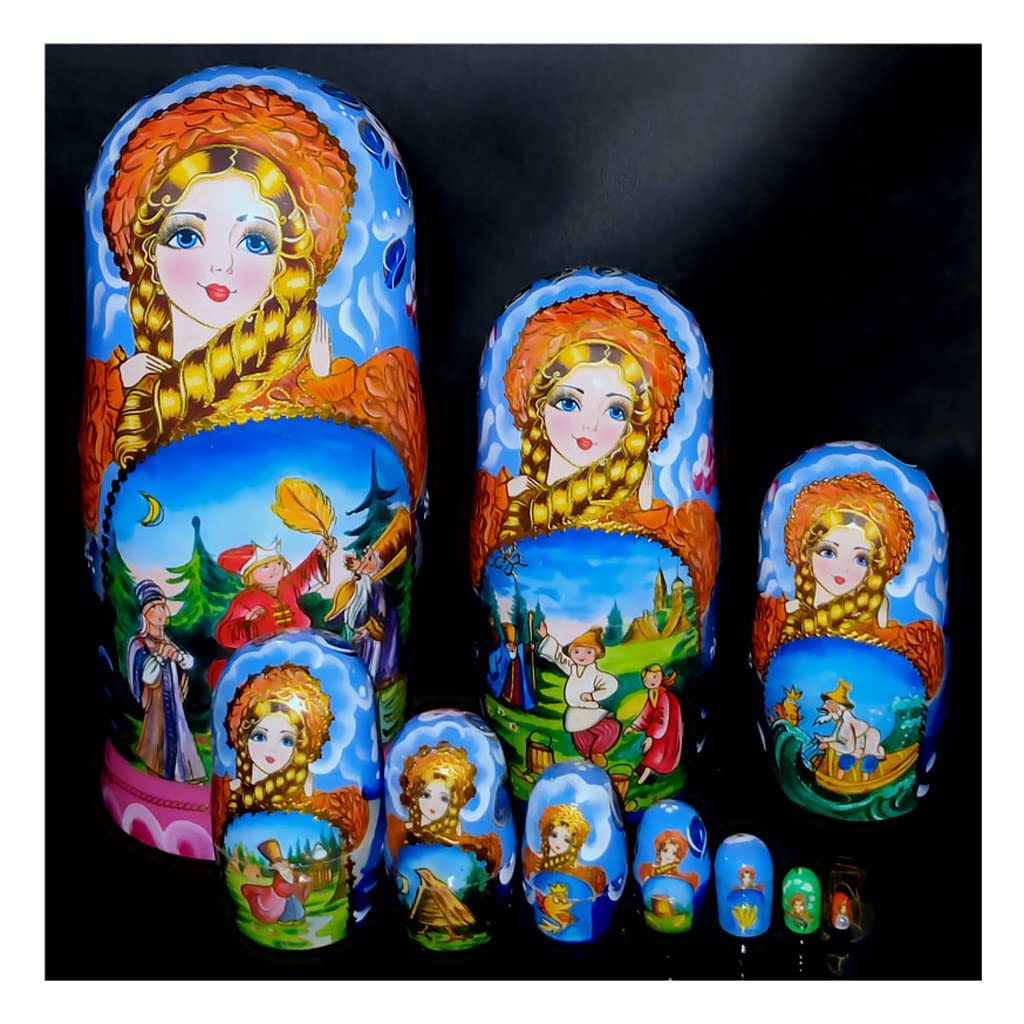 Premium Handmade Russian Nesting Dolls Set - 10pcs Blue Wooden Stacking Dolls for Kids, Christmas & Birthday Gifts, Home Decor & Collectibles (10.6 inches) - Perfect for Playtime, Gift Giving & Cultural Display