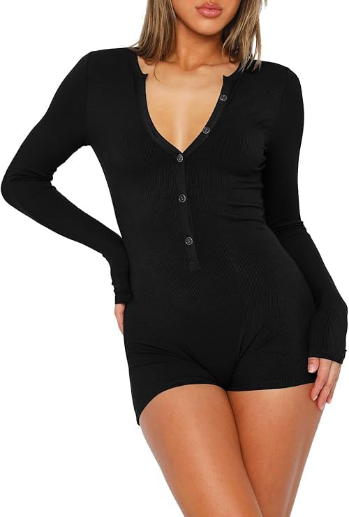 REVETRO Women's 2025 Spring Sexy V-Neck Long Sleeve Romper Jumpsuit - Y2K Fashion Bodysuit for Gym, Lounge & Night Out | Trendy One-Piece Outfit for Parties, Dates & Casual Wear