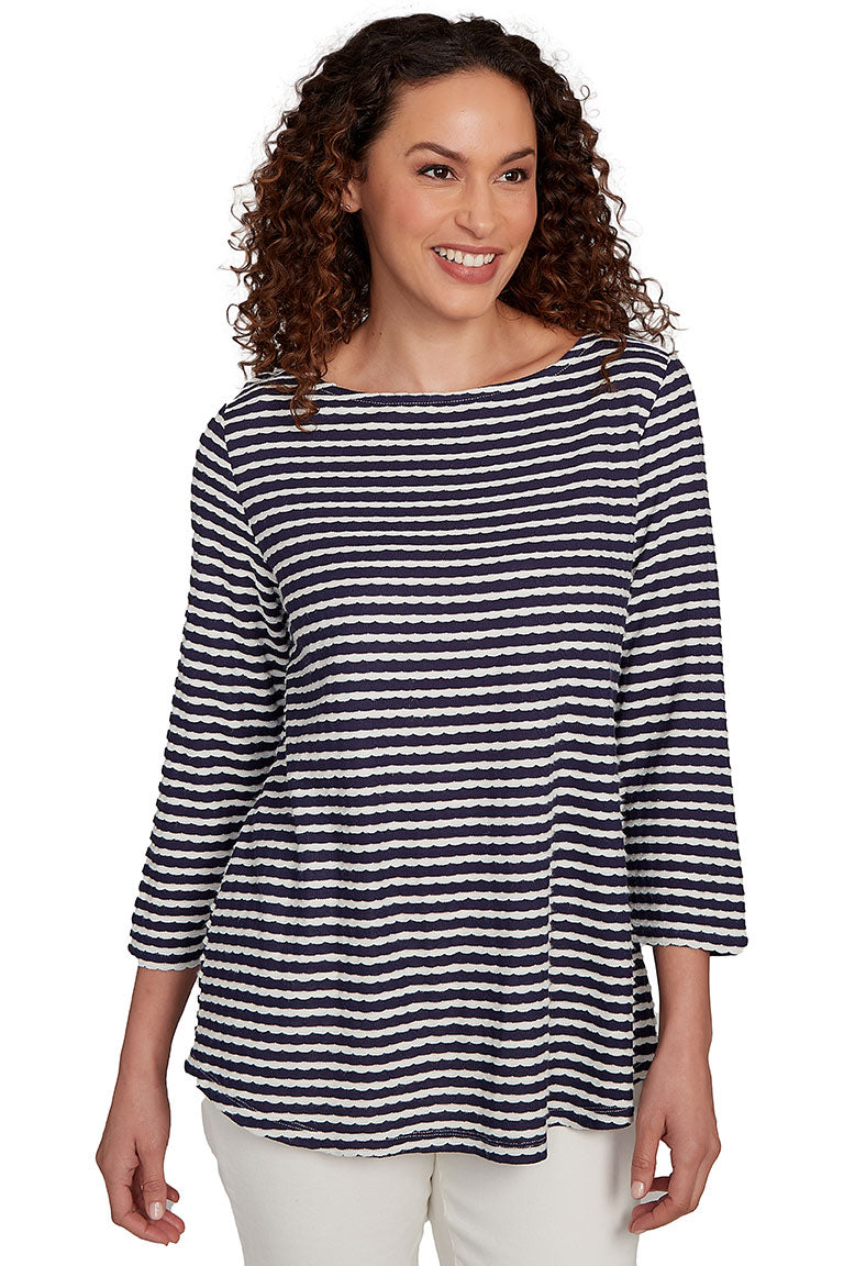 Elegant Stripe Right Scallop Textured Blouse for Women - Perfect for Office Wear, Date Nights & Casual Outings