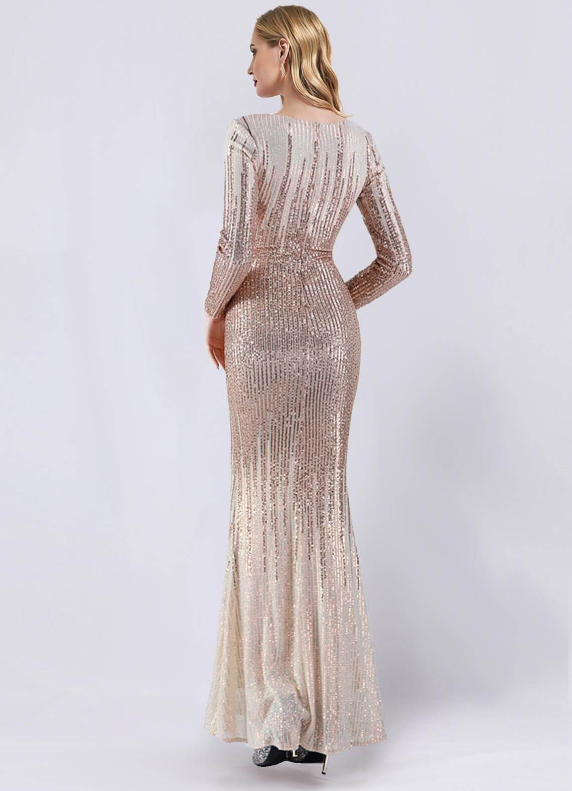 Elegant Champagne Gold Sequin Long Sleeve V-Neck Floor Length Formal Gown for Women - Perfect for Evening Parties, Prom, Wedding Guest & Special Occasions