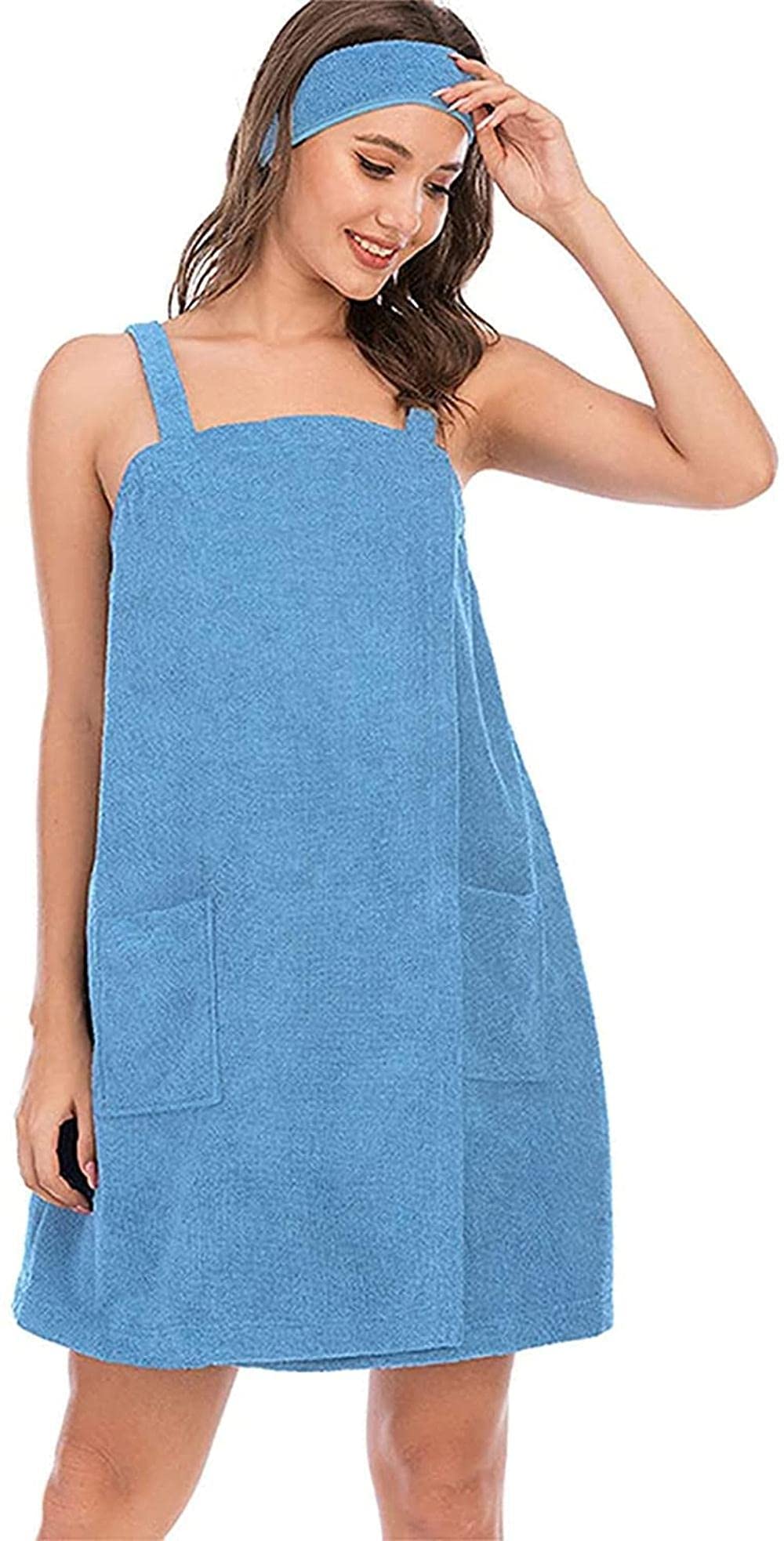 Women's Light Blue XXL Pajama Set with Adjustable Robe, Towel Wrap & Facial Headband - Soft Sleepwear for Women & Girls | Perfect for Spa, Bath, Relaxation & Bedtime Comfort