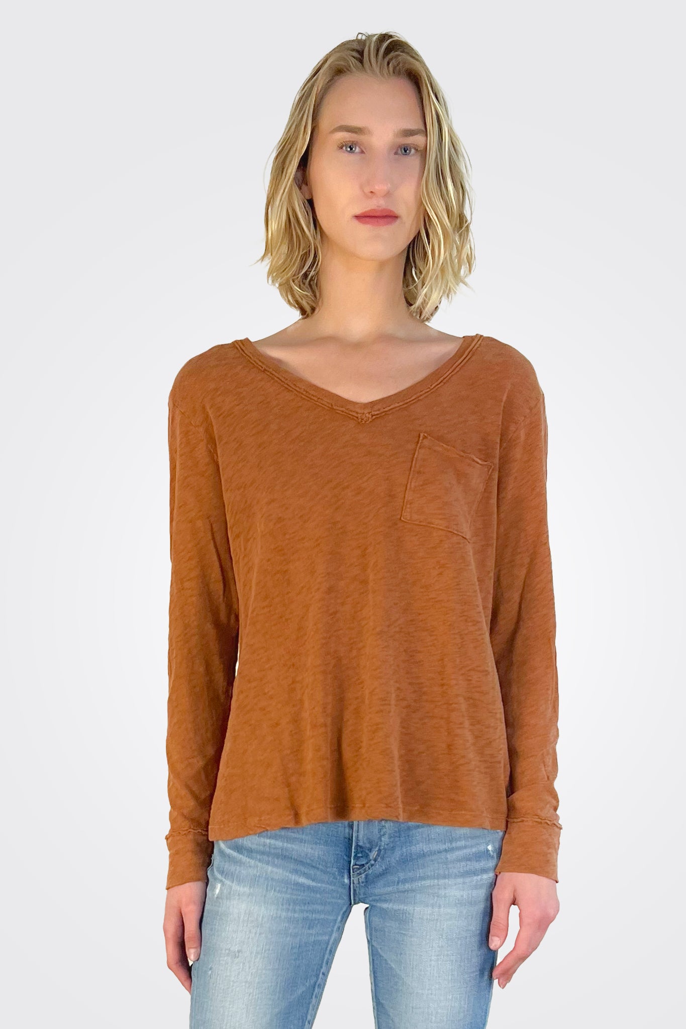 Billie Boyfriend Long Sleeve T-Shirt for Women | Soft Cotton Relaxed Fit Casual Top | Cherry Mahogany Color | Perfect for Layering, Weekend Outfits & Cozy Fall Looks
