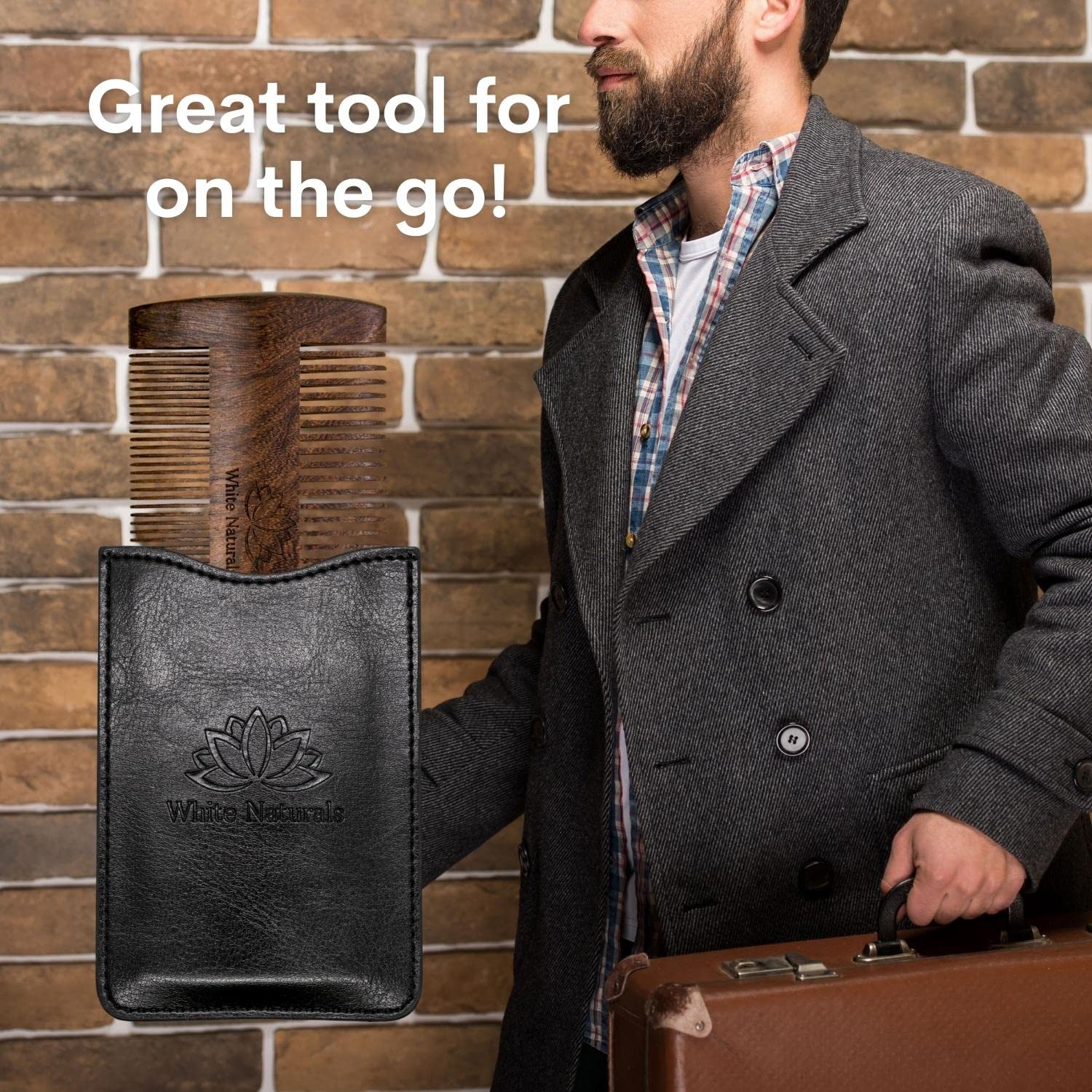 Premium Sandalwood Beard Comb for Men - Handmade Wooden Comb with Dual Action Teeth for Grooming & Styling - Includes PU Leather Case - Perfect for Travel, Home & Salon Use with Balms & Oils