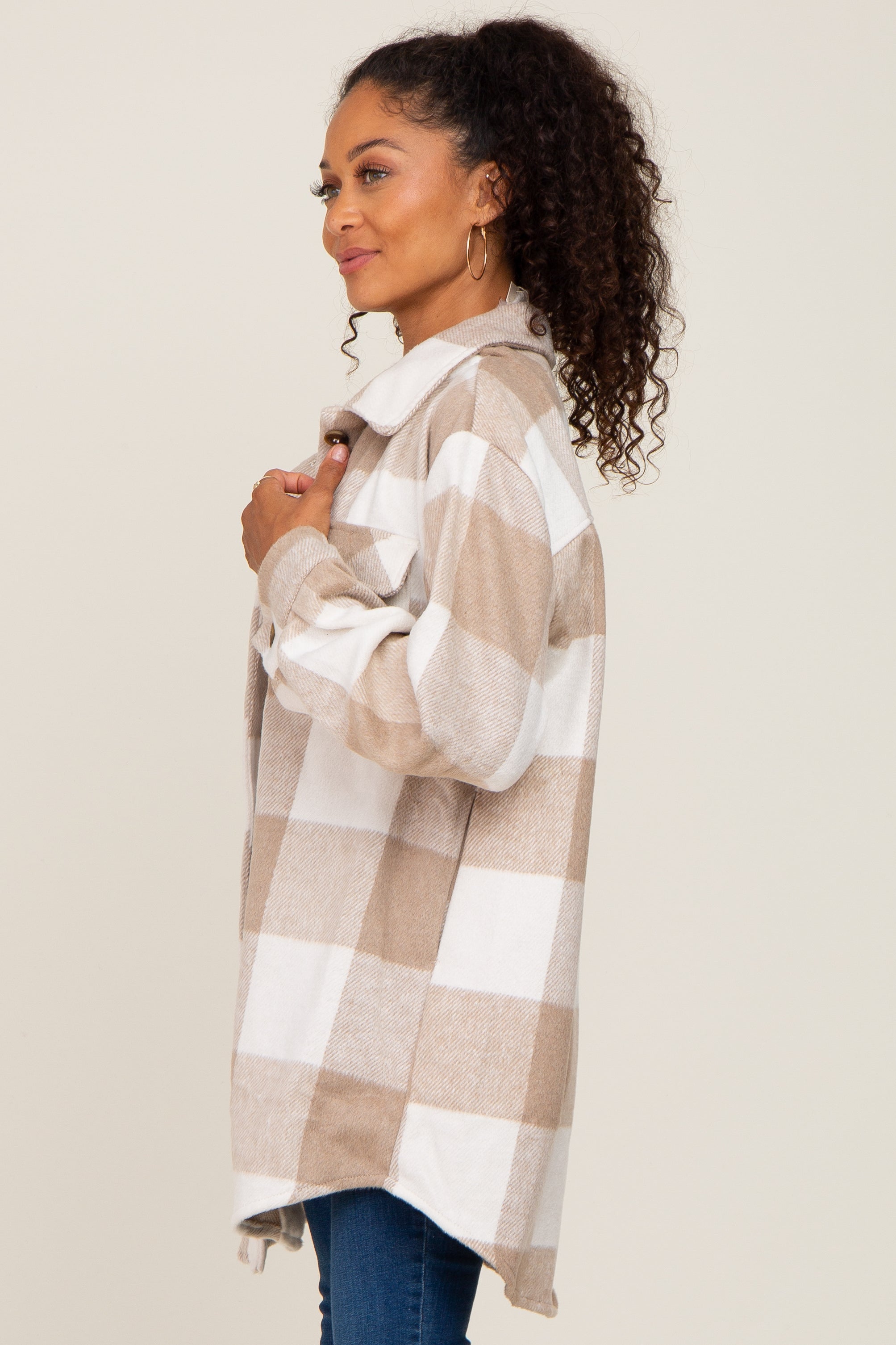 Soft Beige Plaid Brushed Long Shacket for Women - Cozy Oversized Button-Up Shirt Jacket for Fall & Winter Layering - Perfect for Casual Outfits, Workwear, and Outdoor Adventures