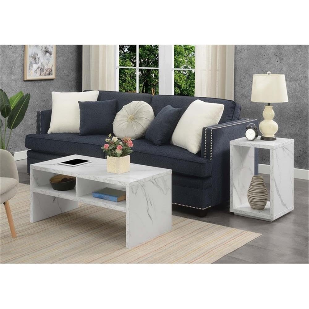 White Marble & Wood End Table with Shelf - Set of 2 Modern Side Tables for Living Room, Bedroom, or Office Decor