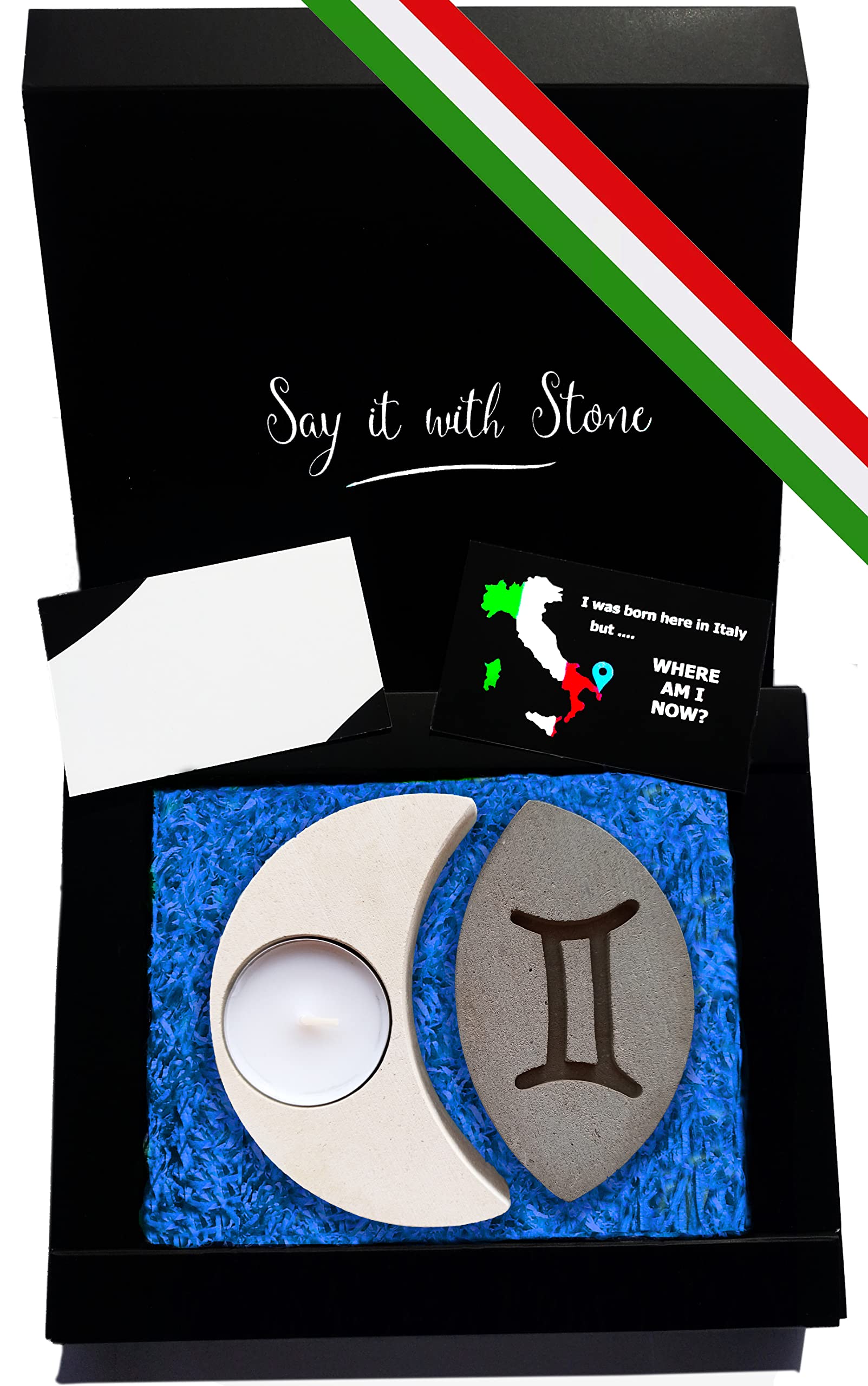 Handmade Gemini Stone Candles & Holders from Italy - Gift Set with Candle, Blank Message Card & Box - Perfect for May June Birthdays, Zodiac Gifts, Astrology Lovers - Home Decor & Keepsake for Bedroom, Meditation Space & Spiritual Retreats