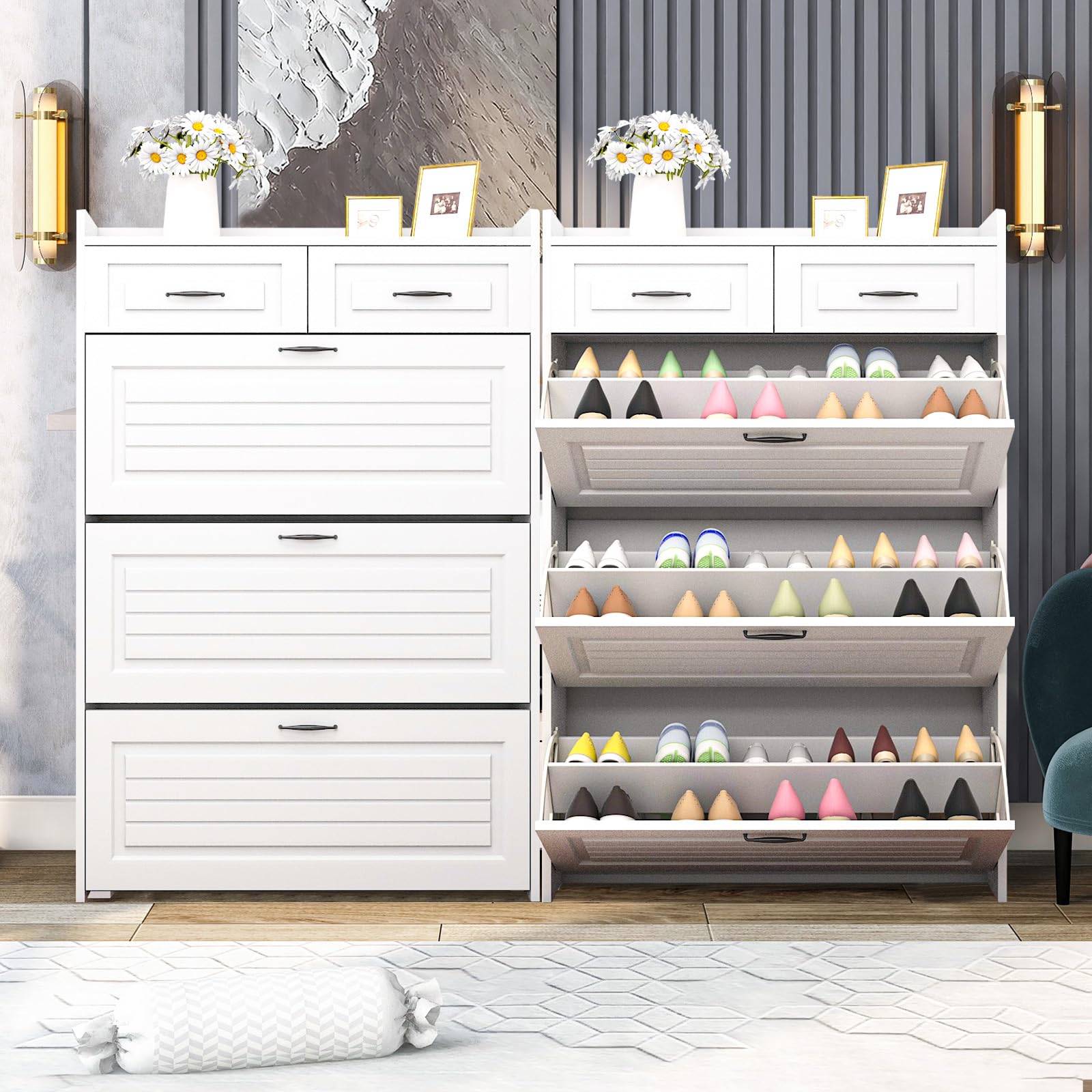 WIIS' IDEA Hidden Shoe Cabinet for Entryway - 3 Door & 2 Drawer Narrow Shoe Storage Organizer, White Flip Down Shoe Rack with 4 Tiers - Space Saving Wooden Shoe Cabinet for Living Room, Hallway, Apartment Entry - Perfect for Small Spaces & Home Organization