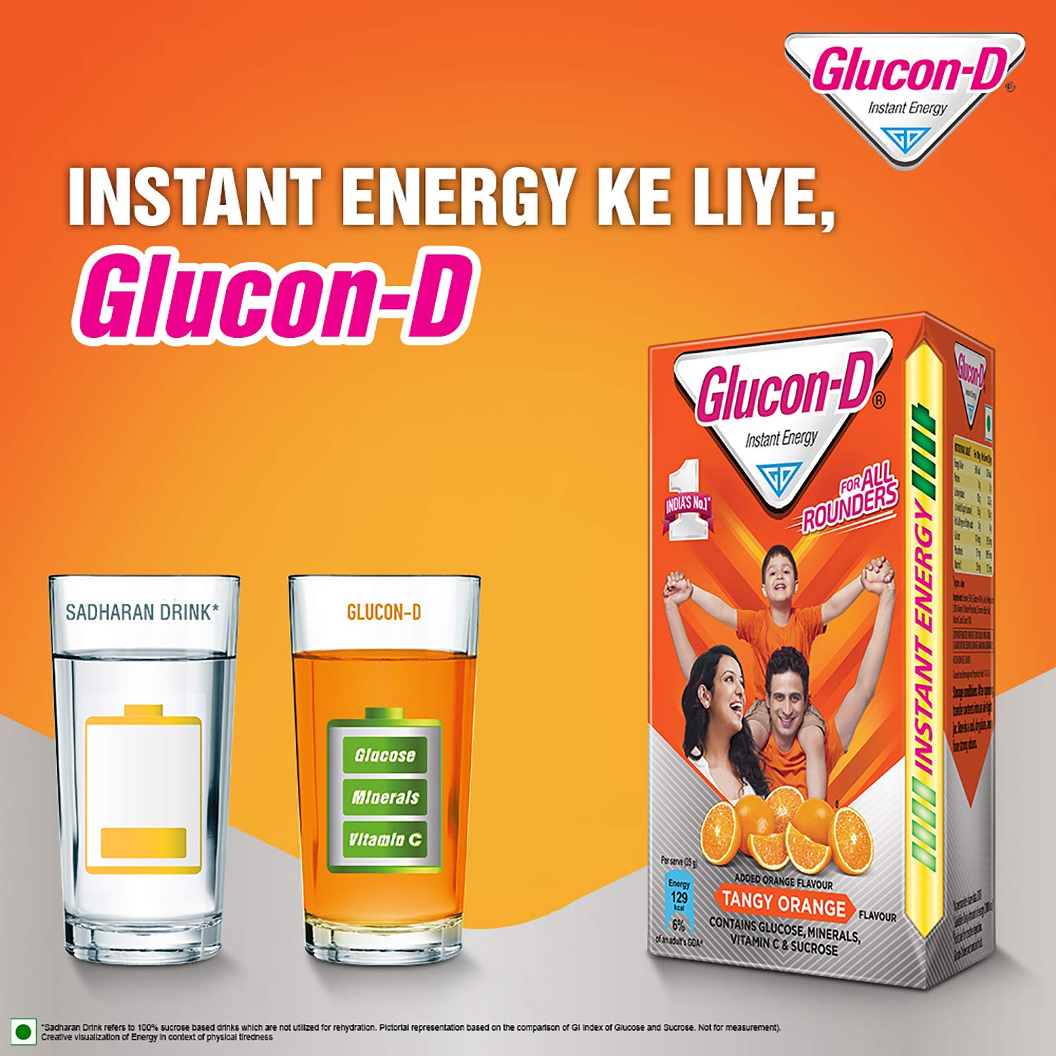 Glucon-D Tangy Orange Glucose Powder 450g Refill Pack - Instant Energy Drink Mix with Vitamin C & Calcium for Immunity & Bone Health - Great for Sports, Workouts & Quick Energy Boost
