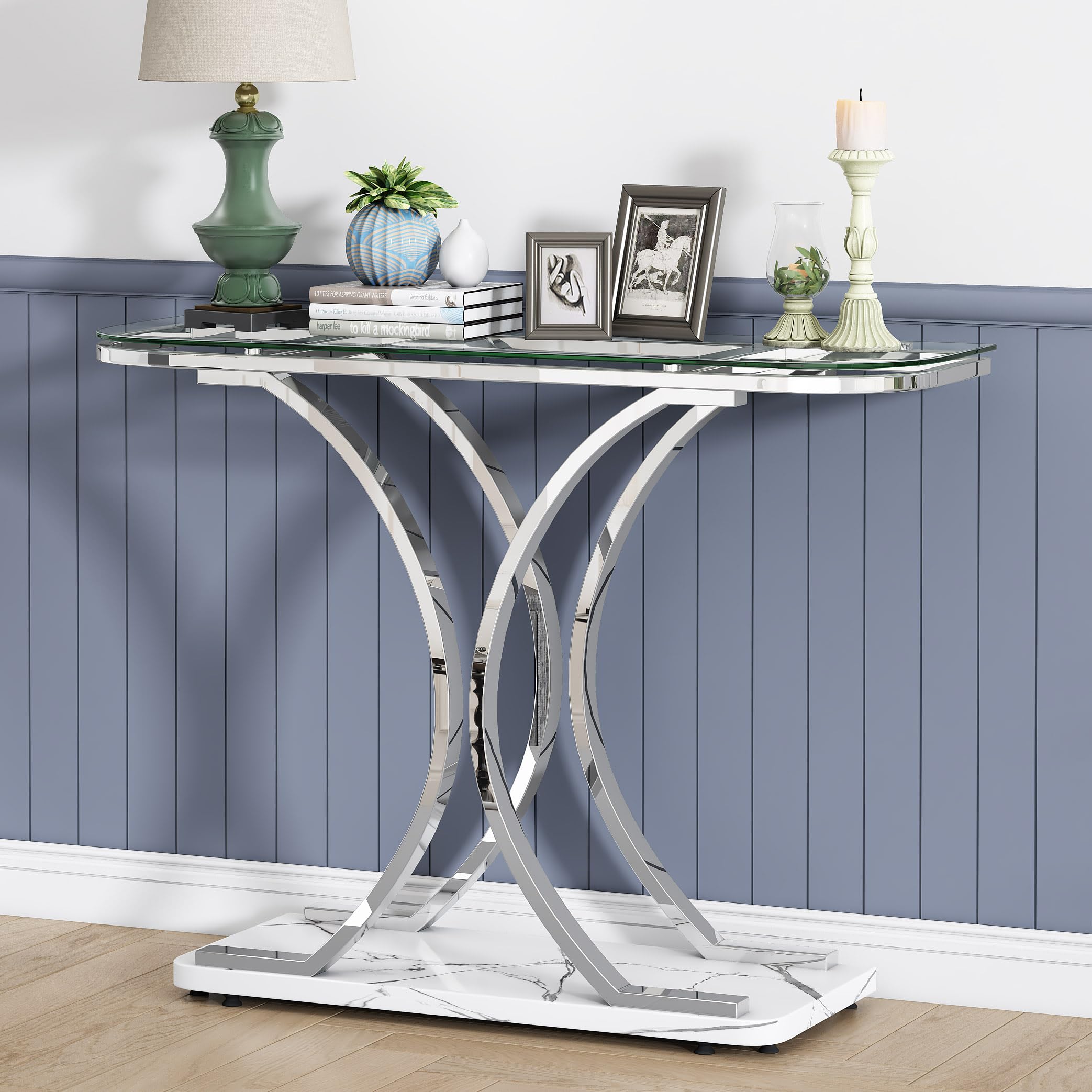 Modern Silver Glass Console Table with Curved Frames & White Marble Base - Elegant Entryway Sofa Table for Living Room, Hallway, Foyer | Perfect for Home Decor, Small Space Furniture & Apartment Entryways
